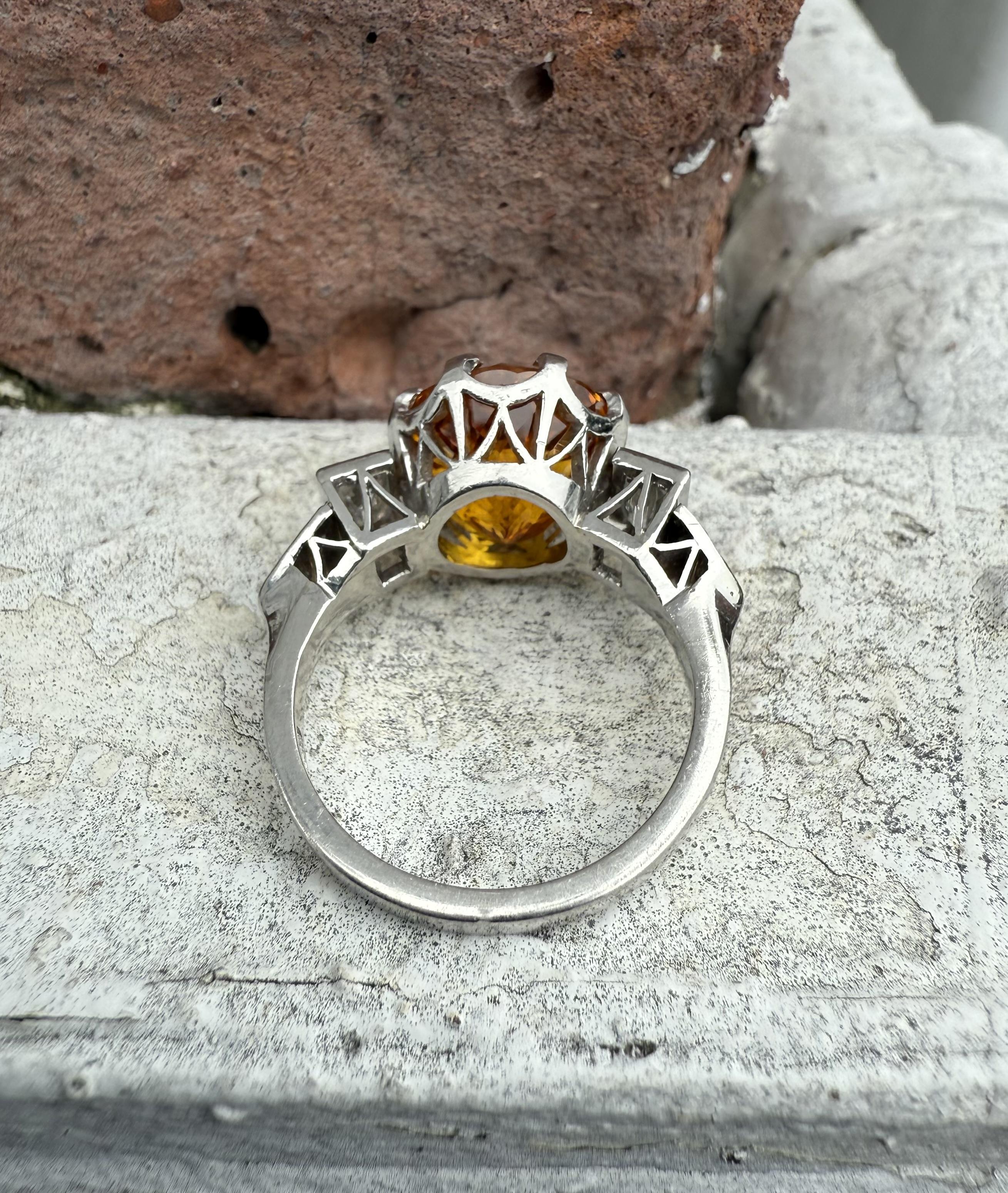 Brilliant Cut Vintage Platinum GIA 8.63ctw Round Yellowish Orange Sapphire w/ Diamond Ring For Sale