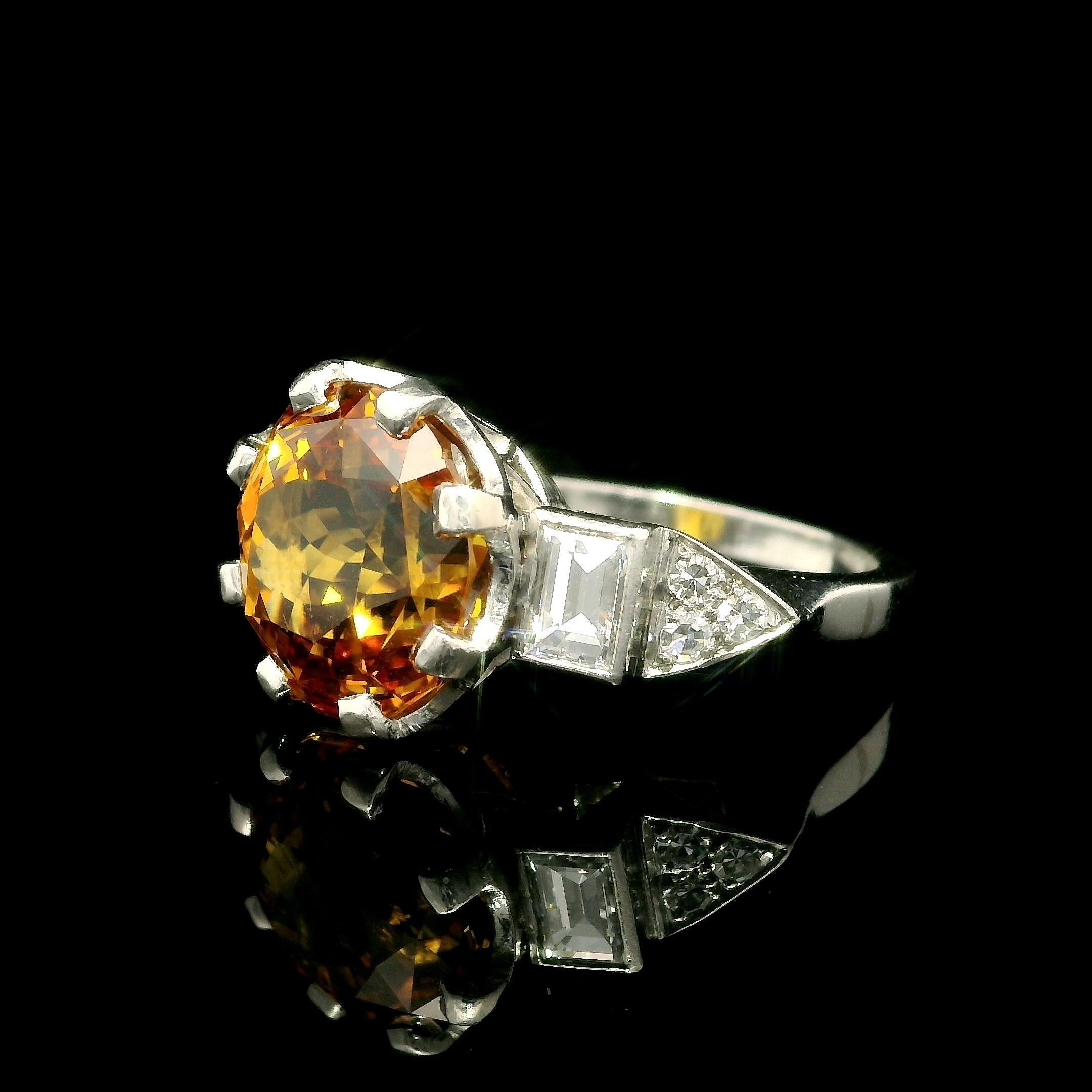 Vintage Platinum GIA 8.63ctw Round Yellowish Orange Sapphire w/ Diamond Ring For Sale 2