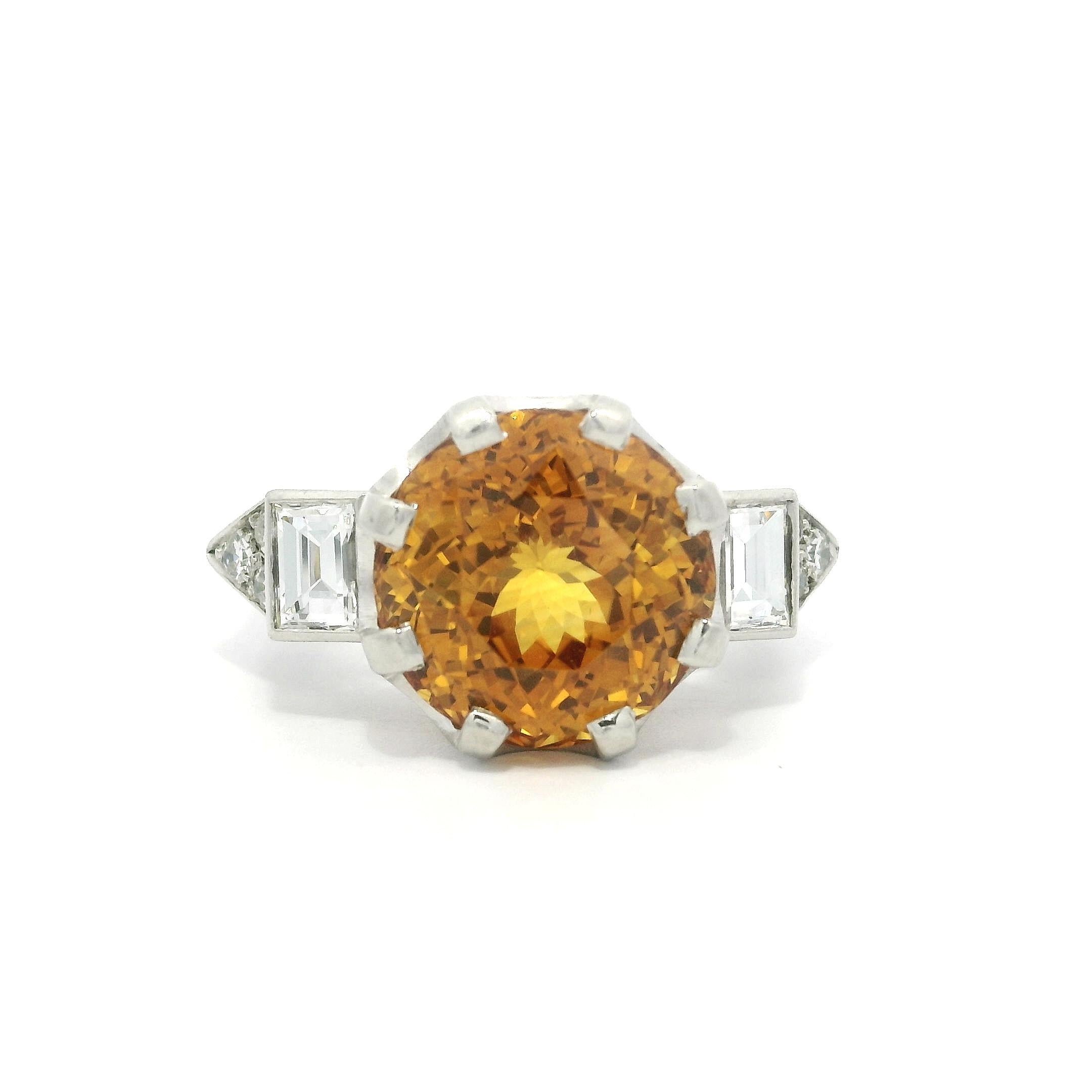 Vintage Platinum GIA 8.63ctw Round Yellowish Orange Sapphire w/ Diamond Ring For Sale 4