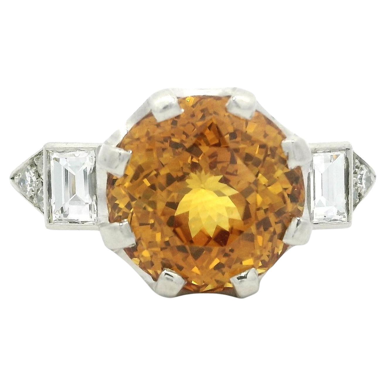 Vintage Platinum GIA 8.63ctw Round Yellowish Orange Sapphire w/ Diamond Ring For Sale