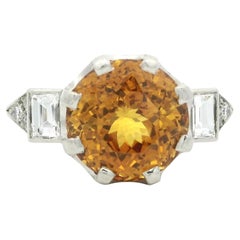 Vintage Platinum GIA 8.63ctw Round Yellowish Orange Sapphire w/ Diamond Ring