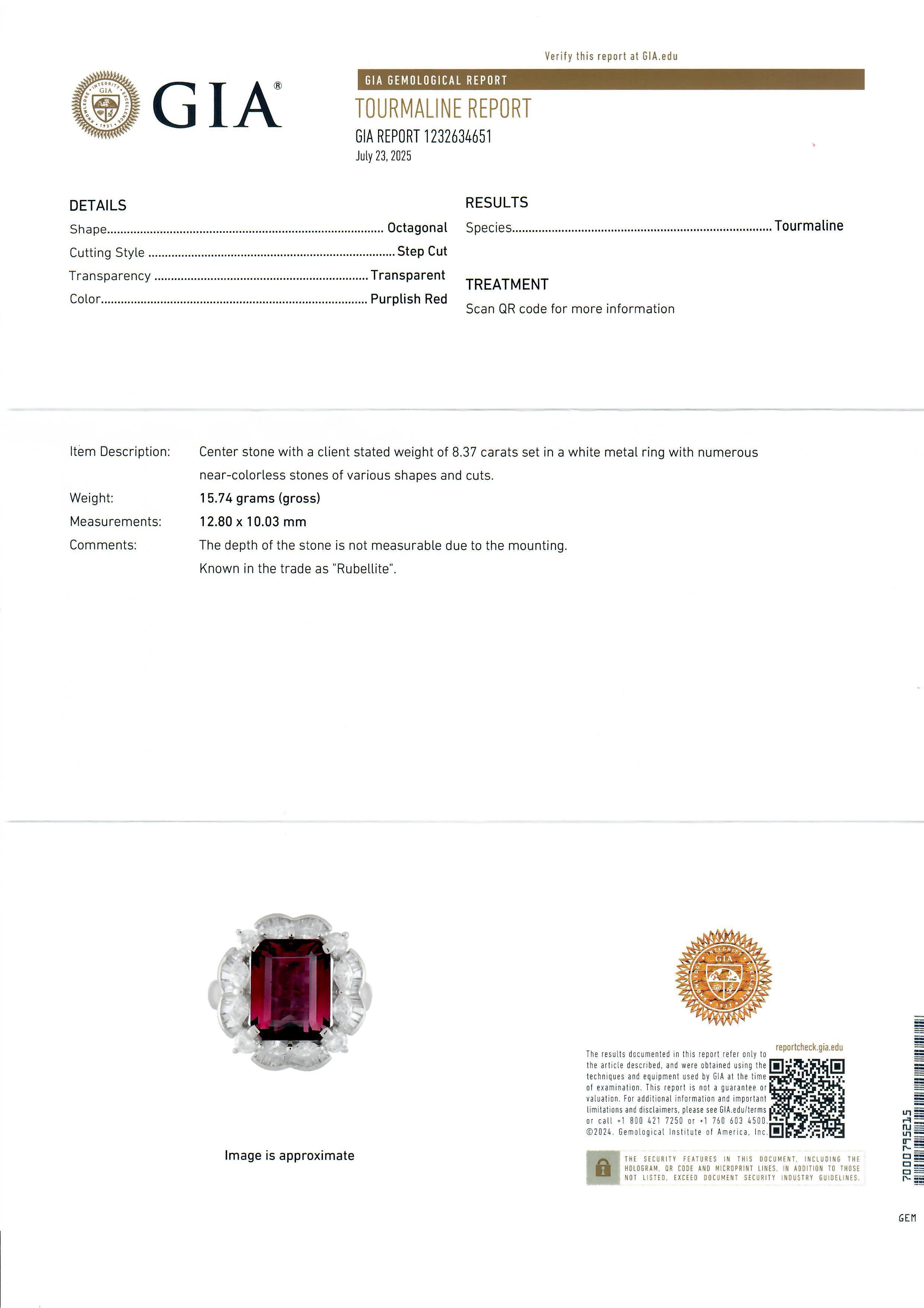 Vintage Platin GIA 9,9ctw große Stufe geschnitten Rubellit Turmalin & Diamant-Ring im Angebot 2