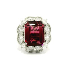 Vintage Platinum GIA 9.9ctw Large Step Cut Rubellite Tourmaline & Diamond Ring