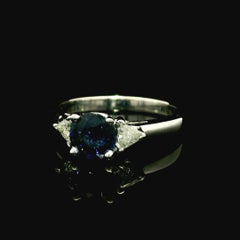 Vintage Platinum GIA Certified 1.46ctw Round Sapphire Trillion Diamond Ring