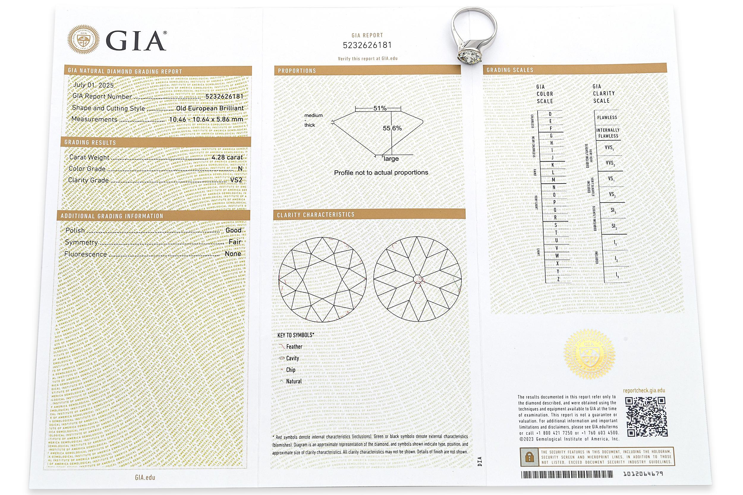 Taille vieille Europe Bague vintage en platine certifiée GIA 4.28ct N VS2 Old European Cut Diamond Ring en vente
