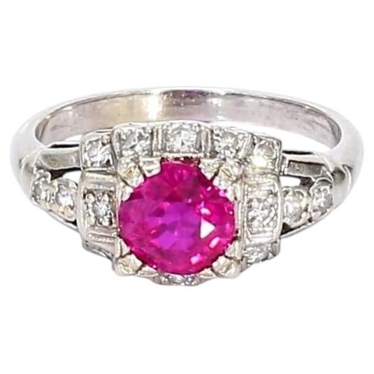 Vintage Platinum GIA Certified Unheated Burmese Ruby Ring with Diamonds - Size 7 For Sale