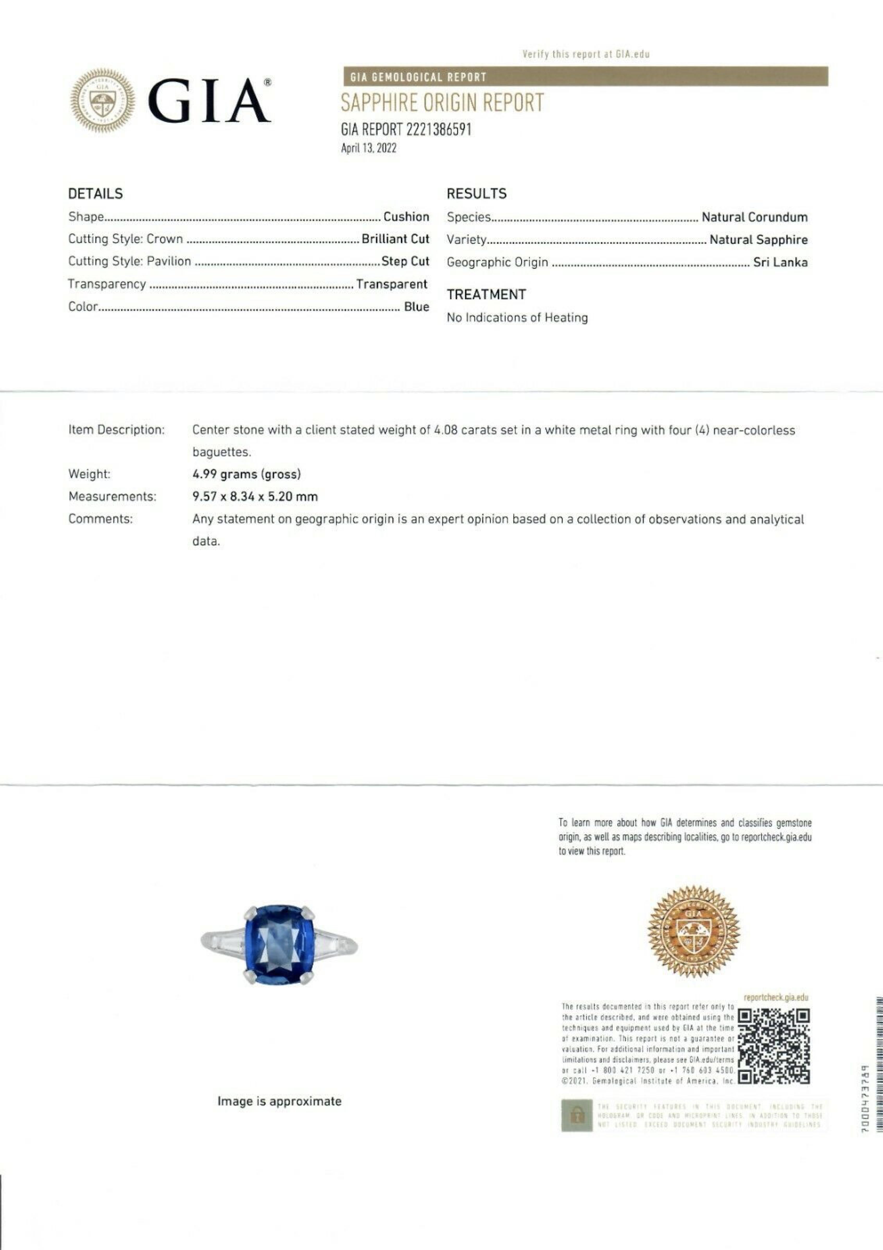 Vintage Platinum GIA Ceylon No Heat Cushion Sapphire & Diamond Engagement Ring 6
