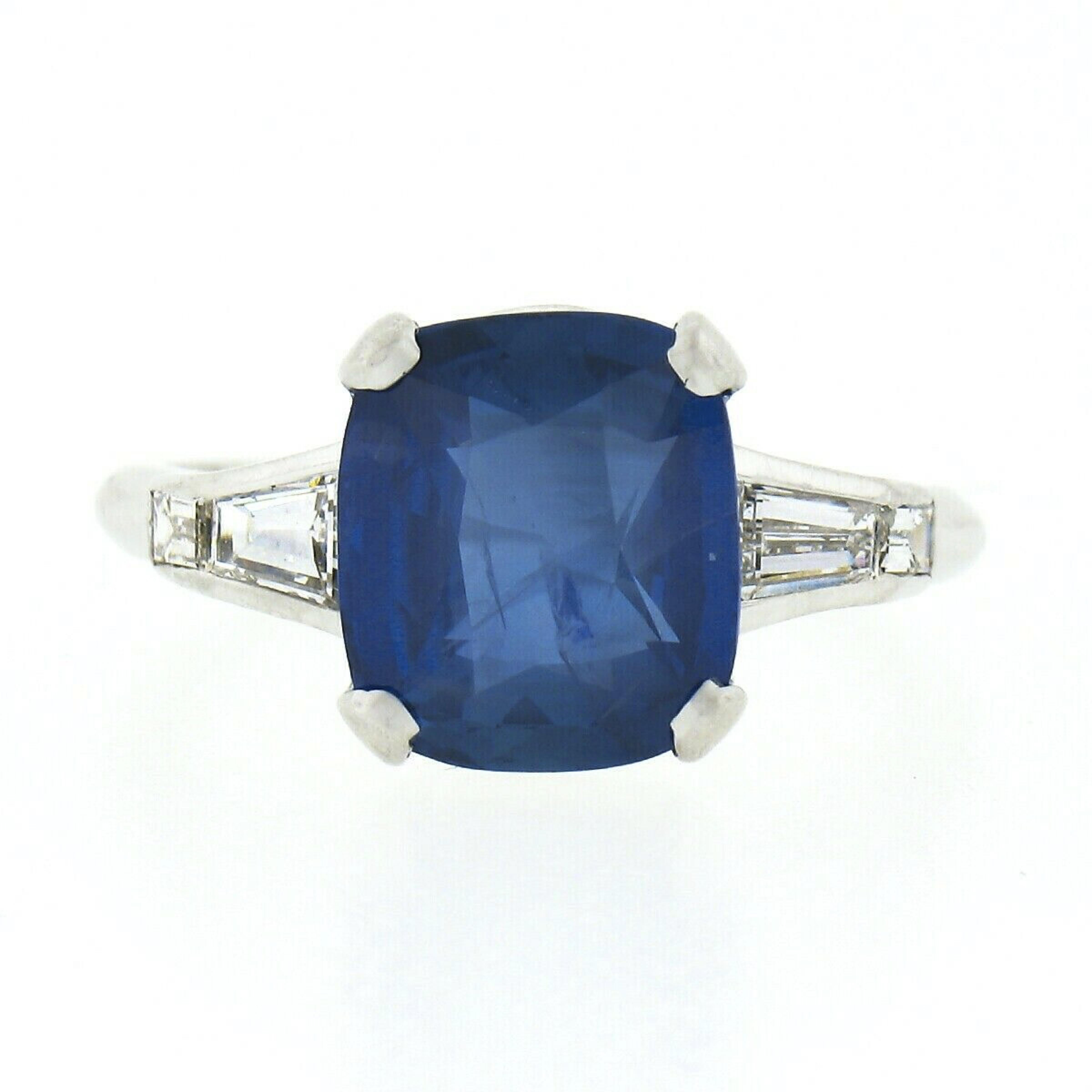 Vintage Platinum GIA Ceylon No Heat Cushion Sapphire & Diamond Engagement Ring In Good Condition In Montclair, NJ