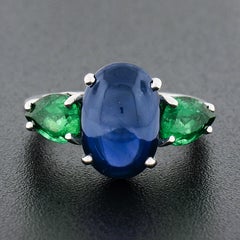 Vintage Platinum GIA Ceylon Oval Cabochon Sapphire & Pear Emerald 3 Stone Ring
