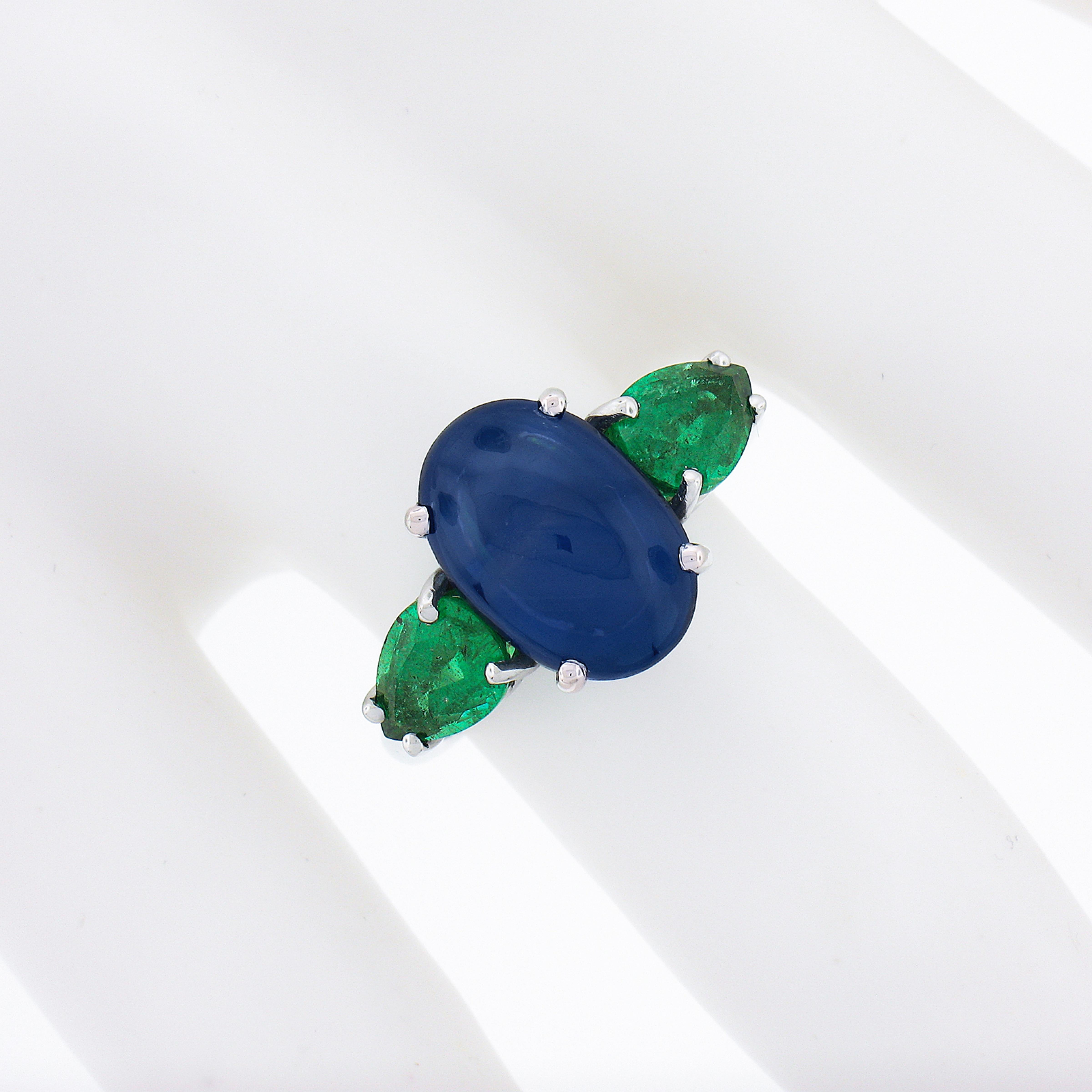 Vintage Platinum GIA Ceylon Oval Cabochon Sapphire & Pear Emerald 3 Stone Ring In Good Condition In Montclair, NJ