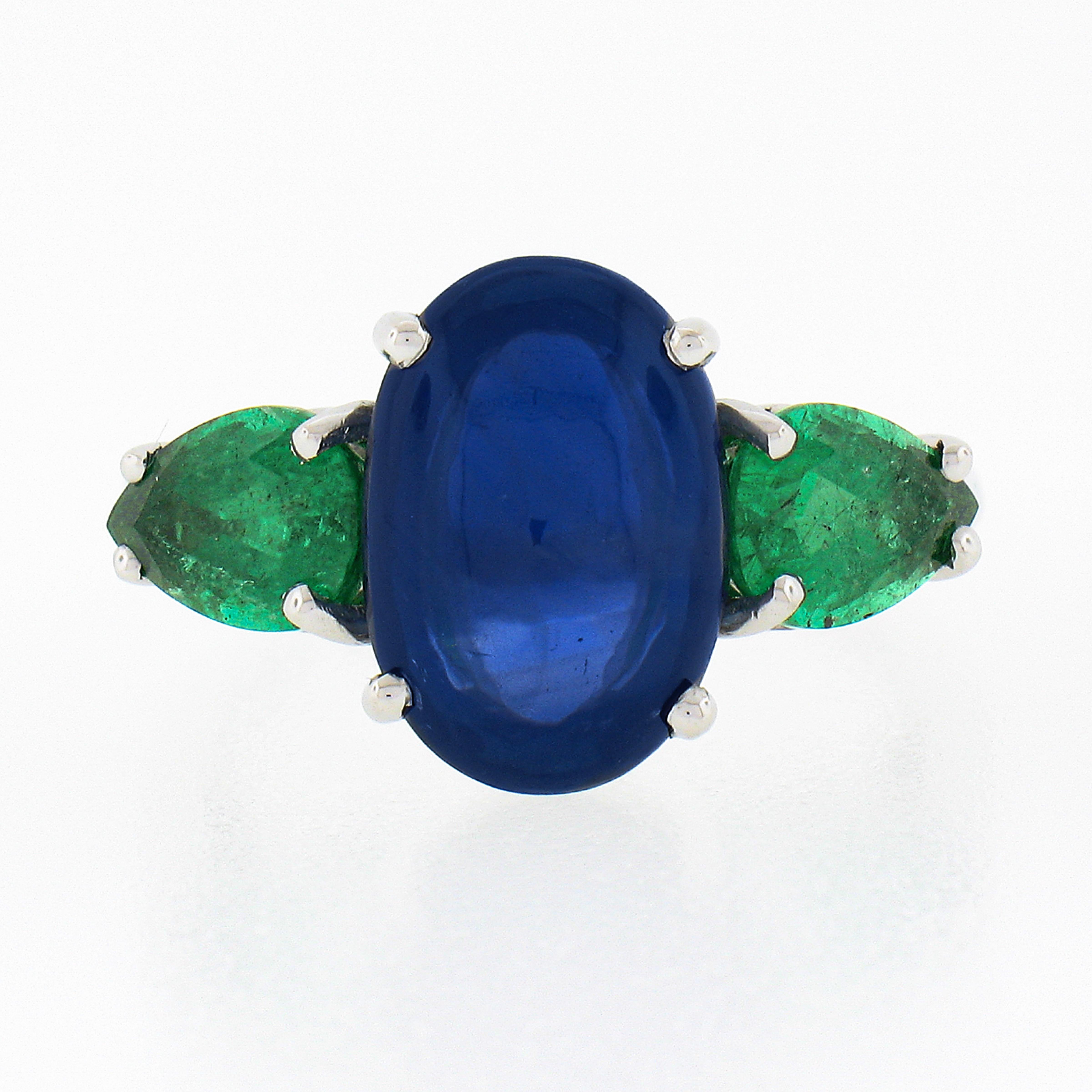 Women's Vintage Platinum GIA Ceylon Oval Cabochon Sapphire & Pear Emerald 3 Stone Ring