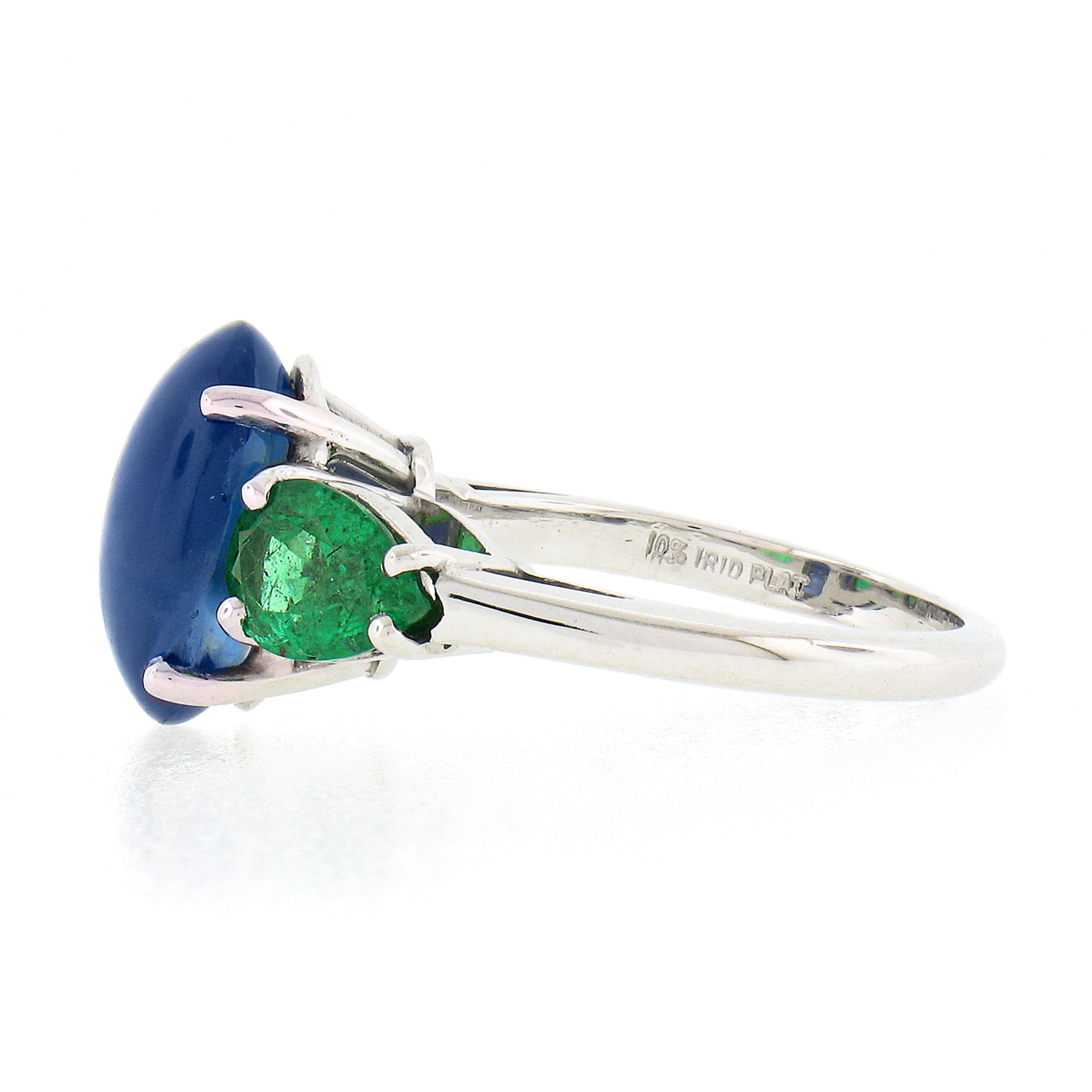 Vintage Platinum GIA Ceylon Oval Cabochon Sapphire & Pear Emerald 3 Stone Ring 1