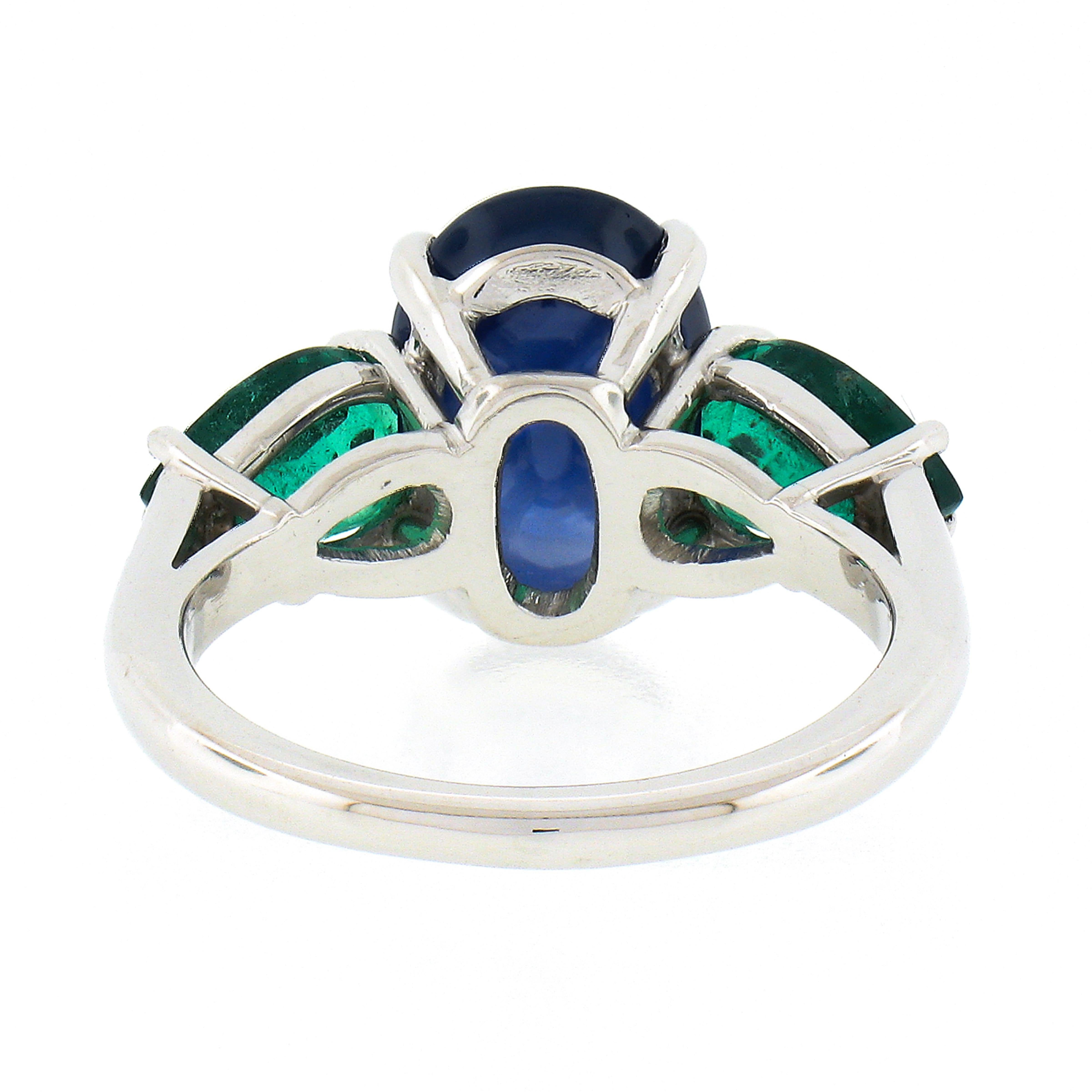 Vintage Platinum GIA Ceylon Oval Cabochon Sapphire & Pear Emerald 3 Stone Ring 3