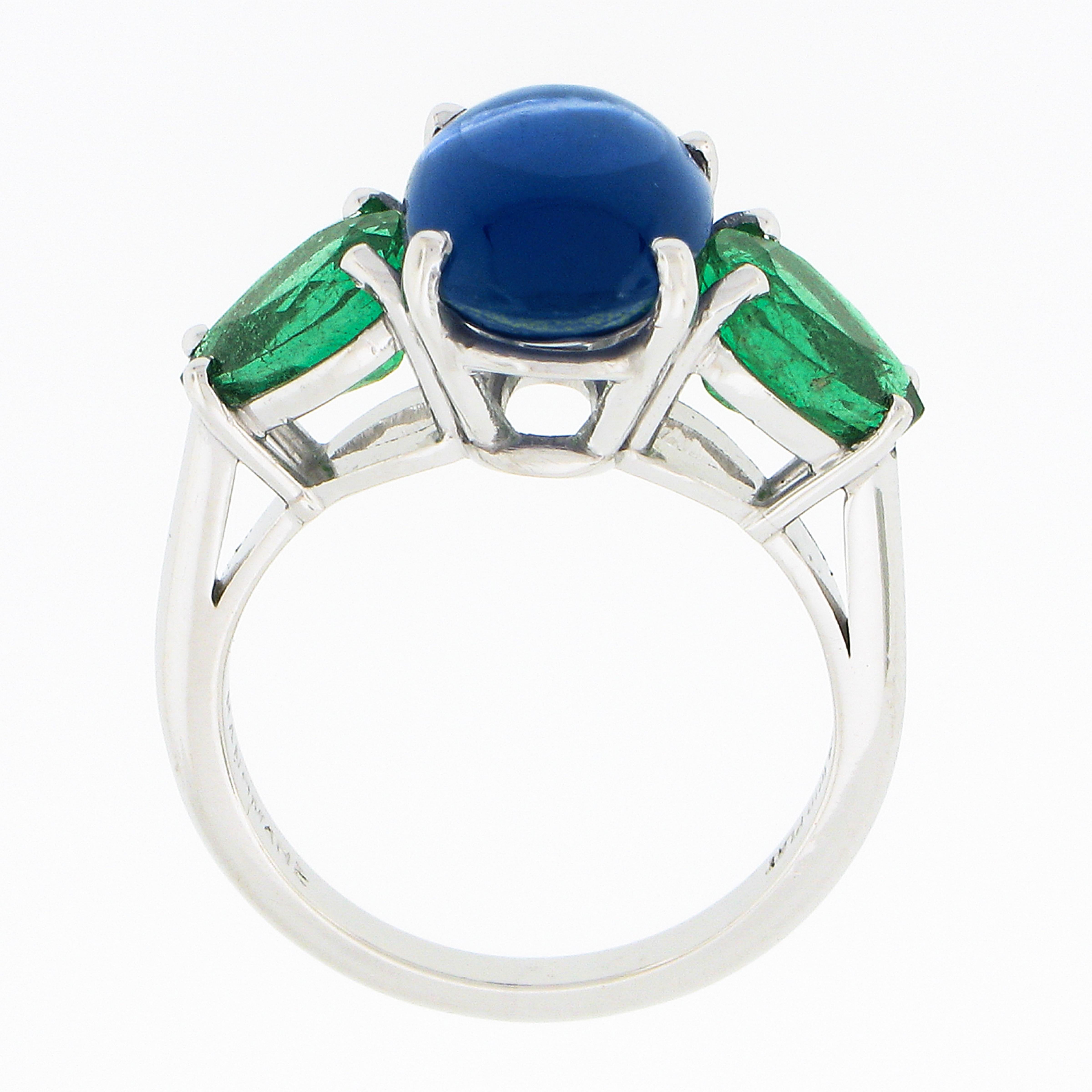 Vintage Platinum GIA Ceylon Oval Cabochon Sapphire & Pear Emerald 3 Stone Ring 4
