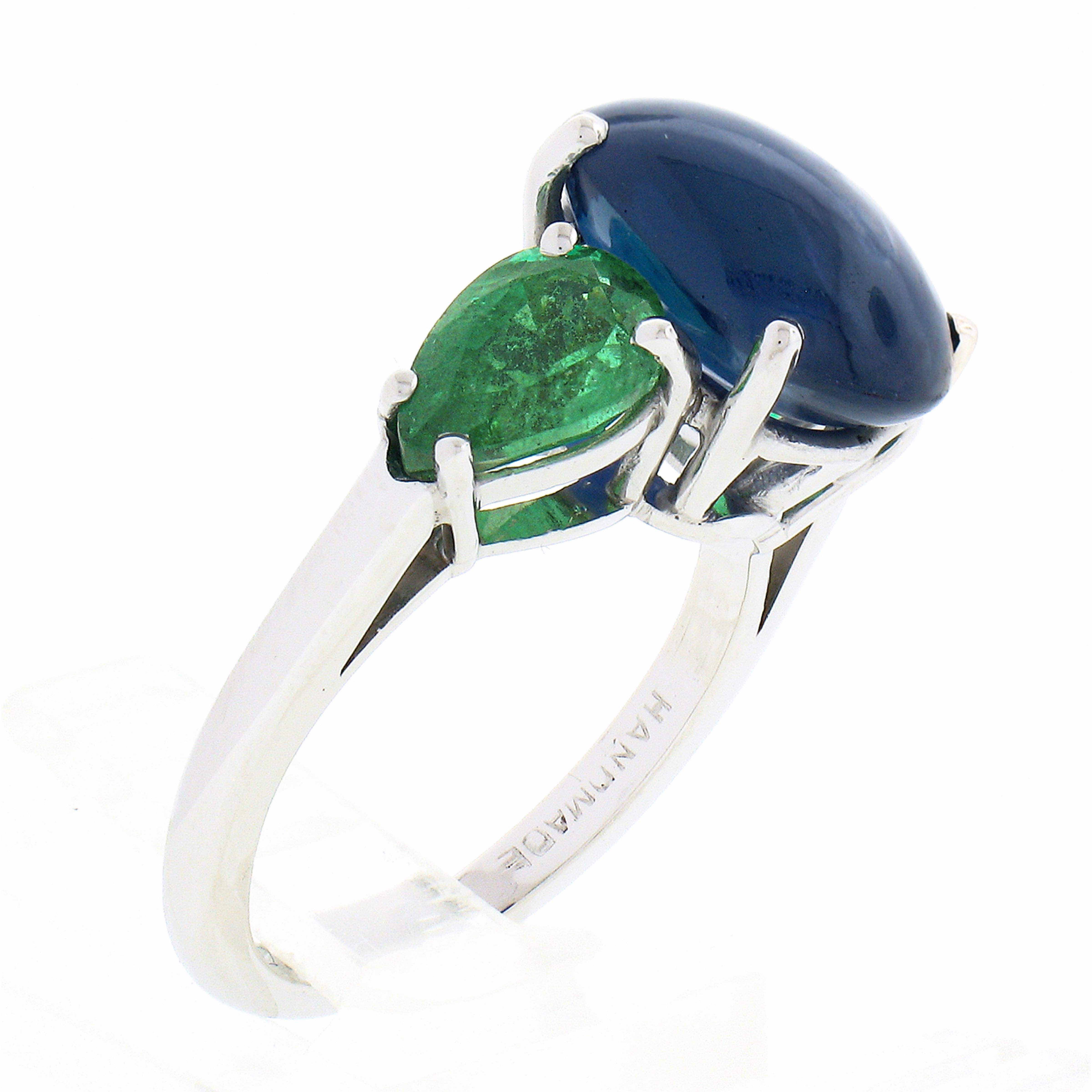 Vintage Platinum GIA Ceylon Oval Cabochon Sapphire & Pear Emerald 3 Stone Ring 5