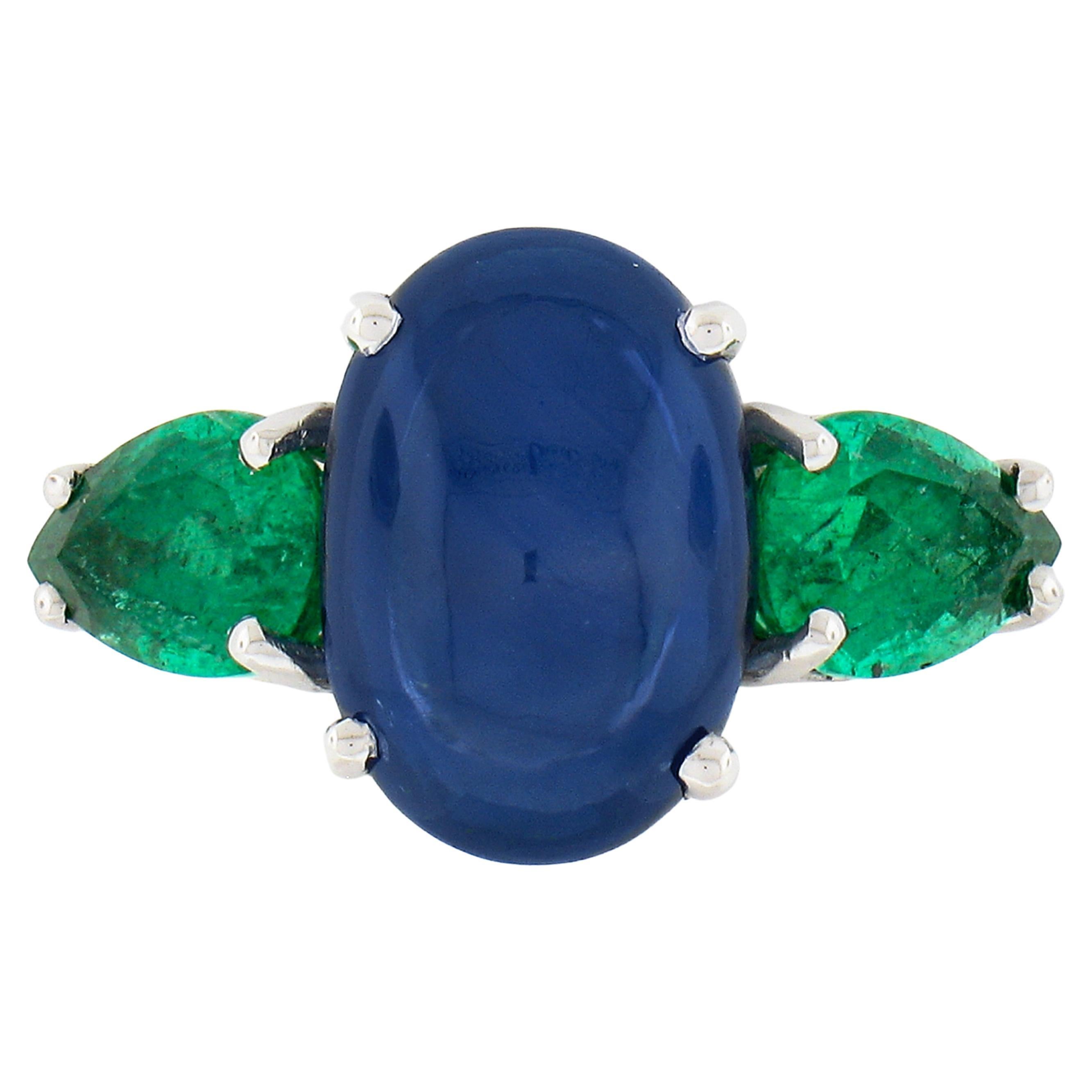 Vintage Platinum GIA Ceylon Oval Cabochon Sapphire & Pear Emerald 3 Stone Ring