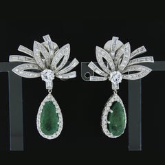 Pendants d'oreilles vintage en platine avec grande fleur en émeraude de Colombie certifiée GIA et diamants