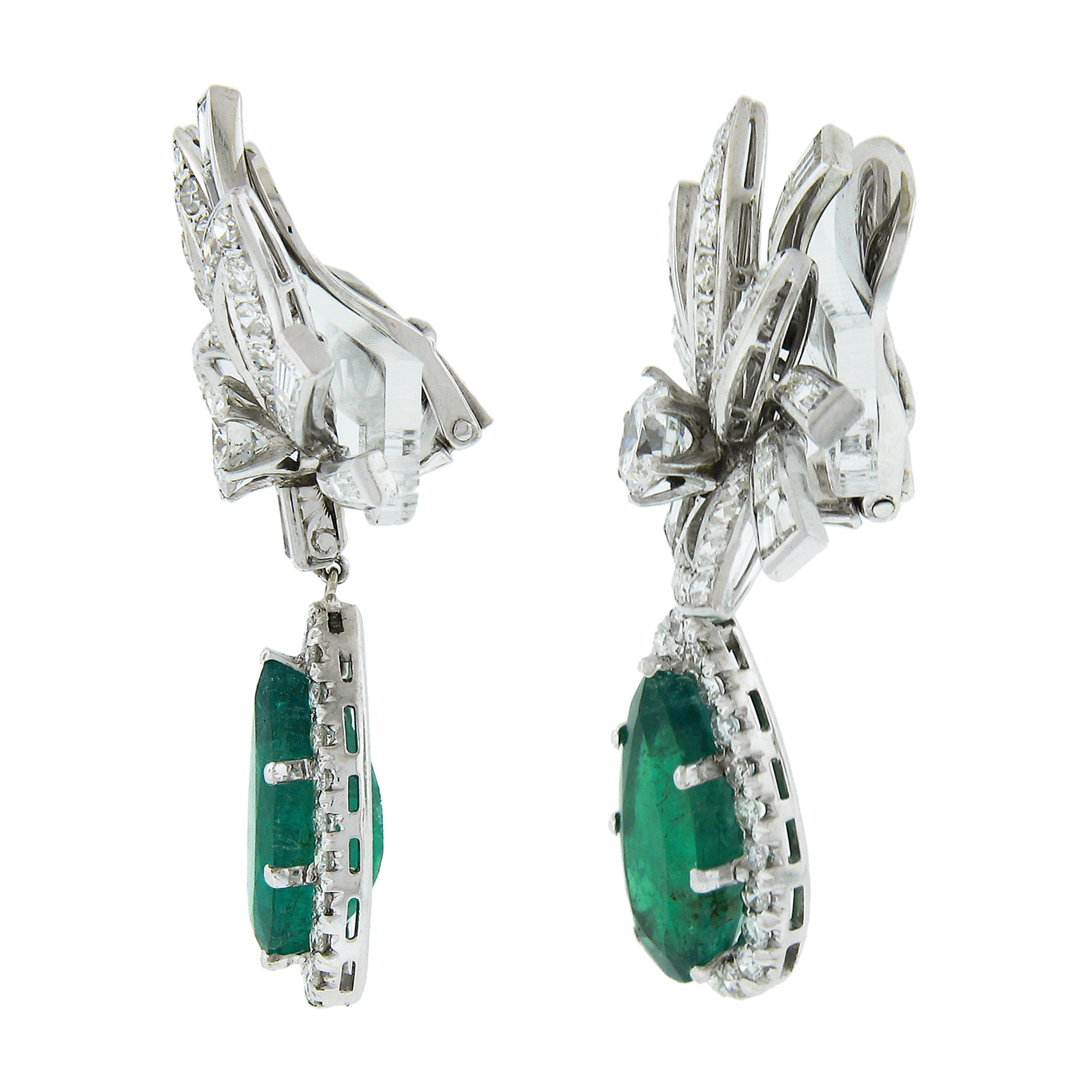 Pear Cut Vintage Platinum GIA Colombian Emerald & Diamond Large Flower Dangle Earrings