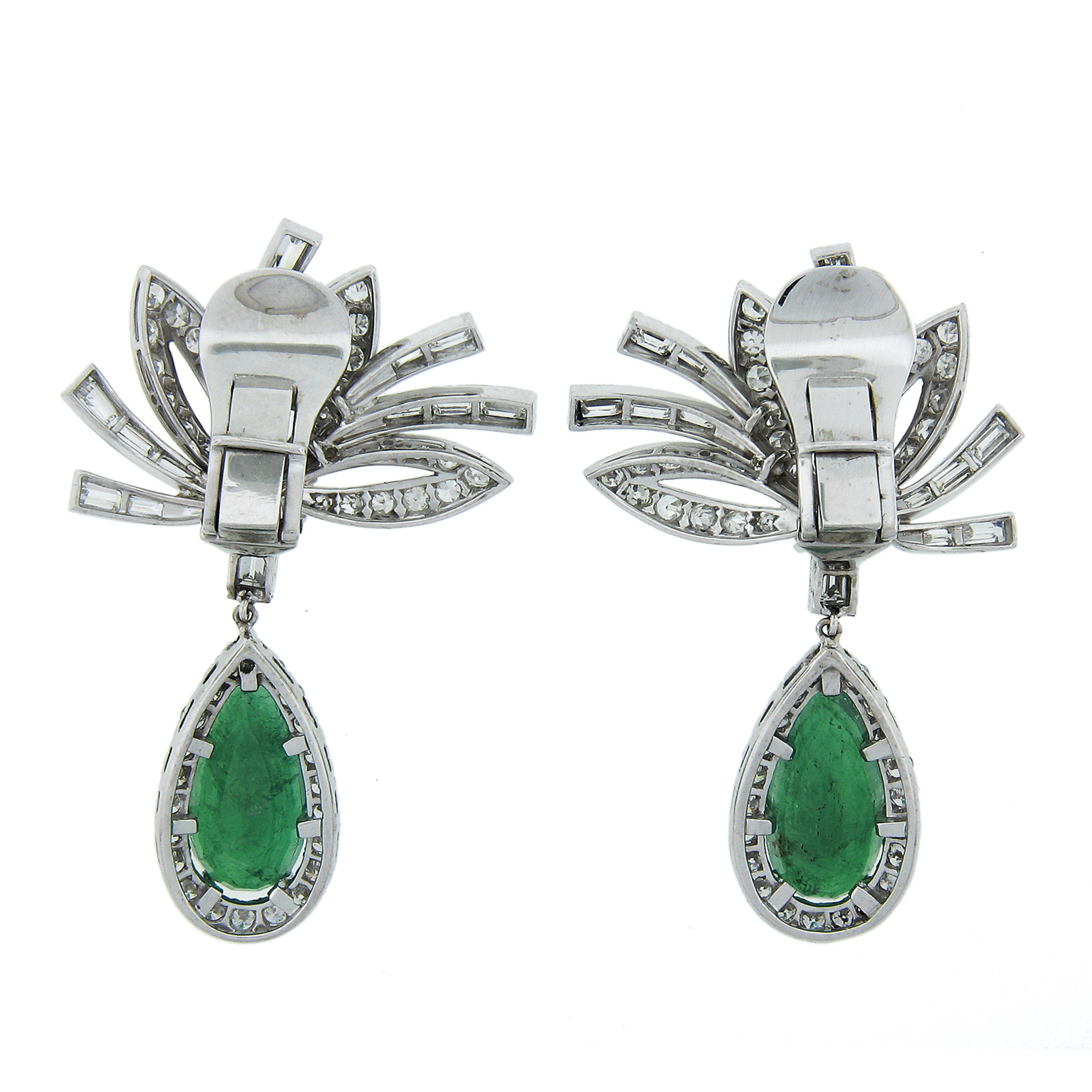 Vintage Platinum GIA Colombian Emerald & Diamond Large Flower Dangle Earrings In Excellent Condition In Montclair, NJ