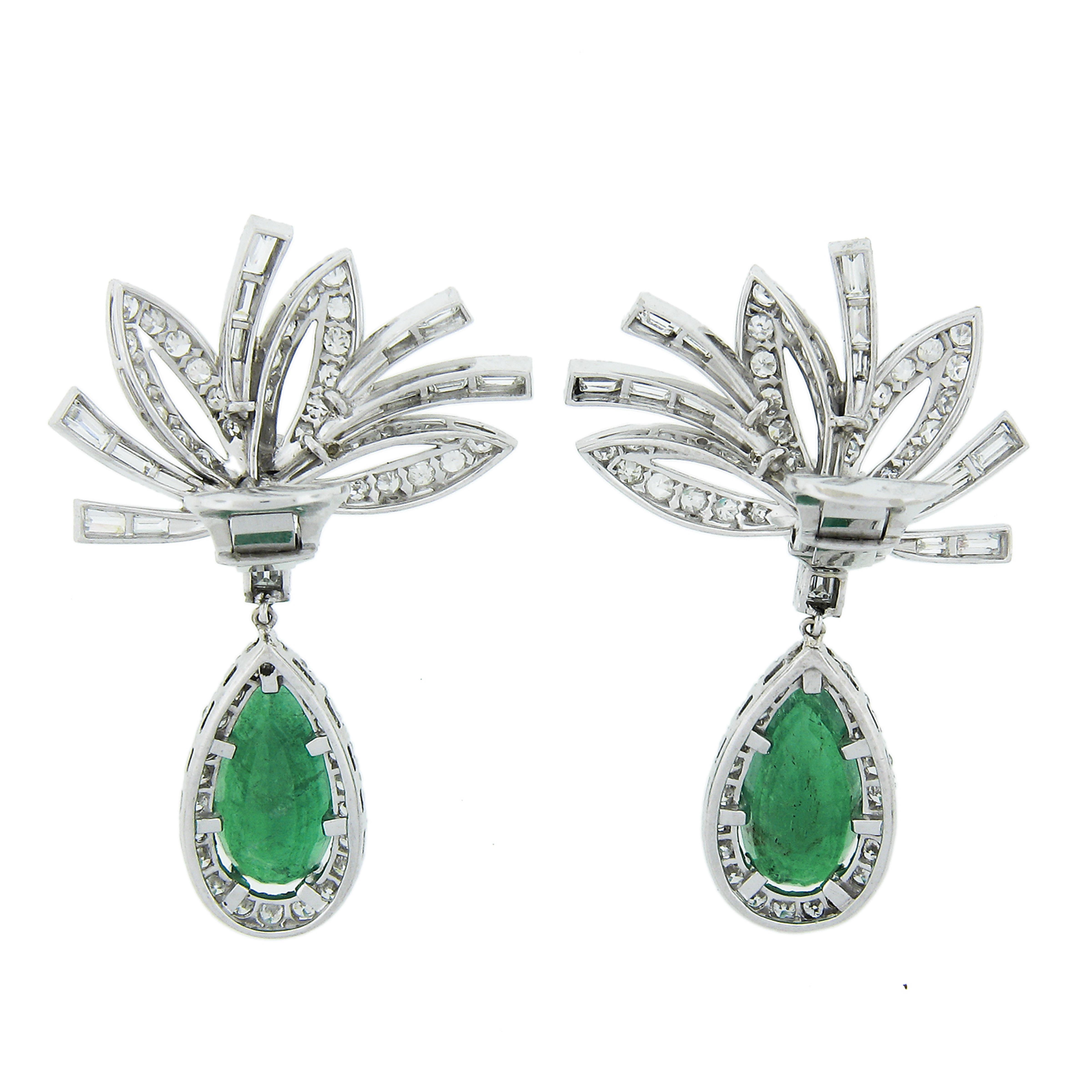 Women's Vintage Platinum GIA Colombian Emerald & Diamond Large Flower Dangle Earrings