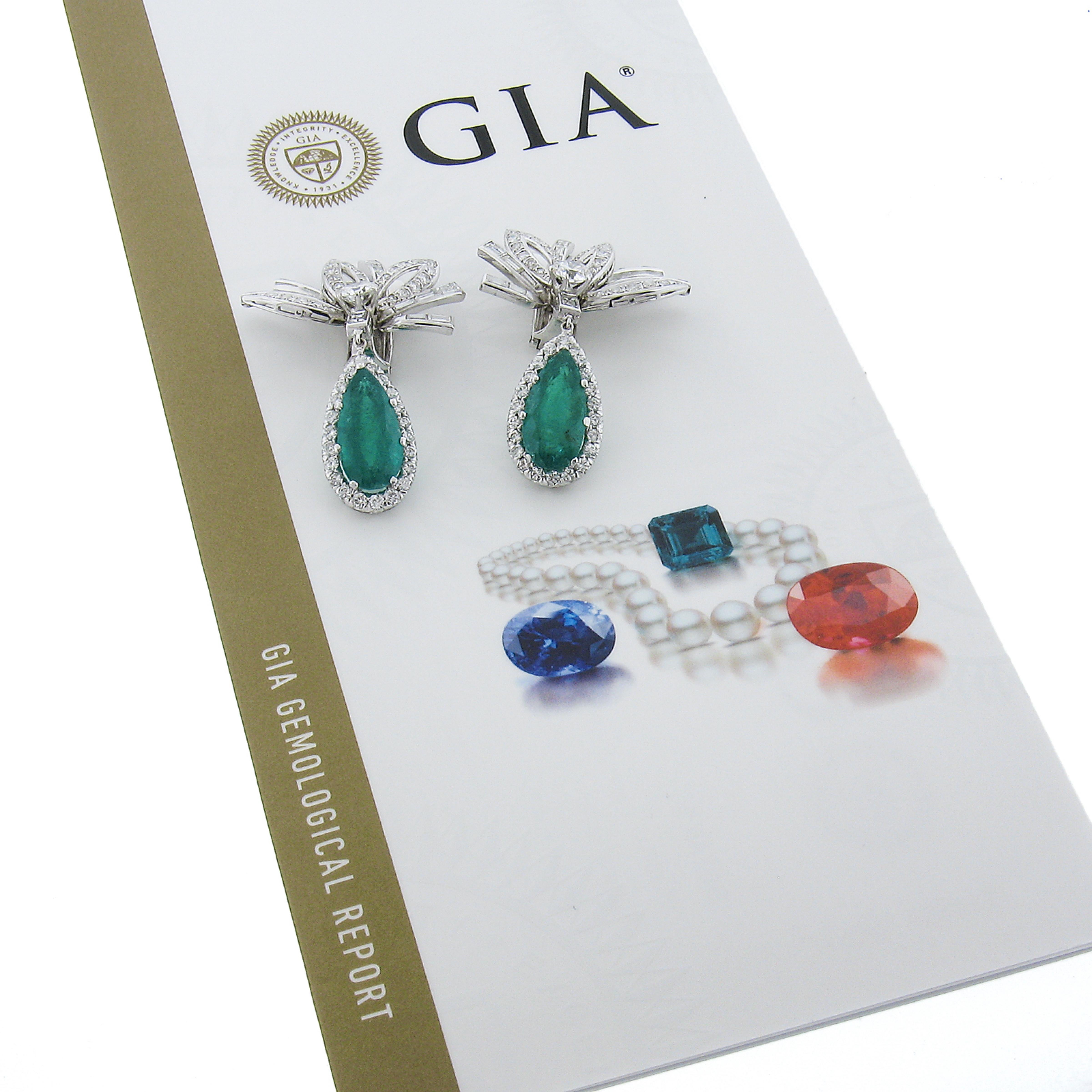Vintage Platinum GIA Colombian Emerald & Diamond Large Flower Dangle Earrings 1