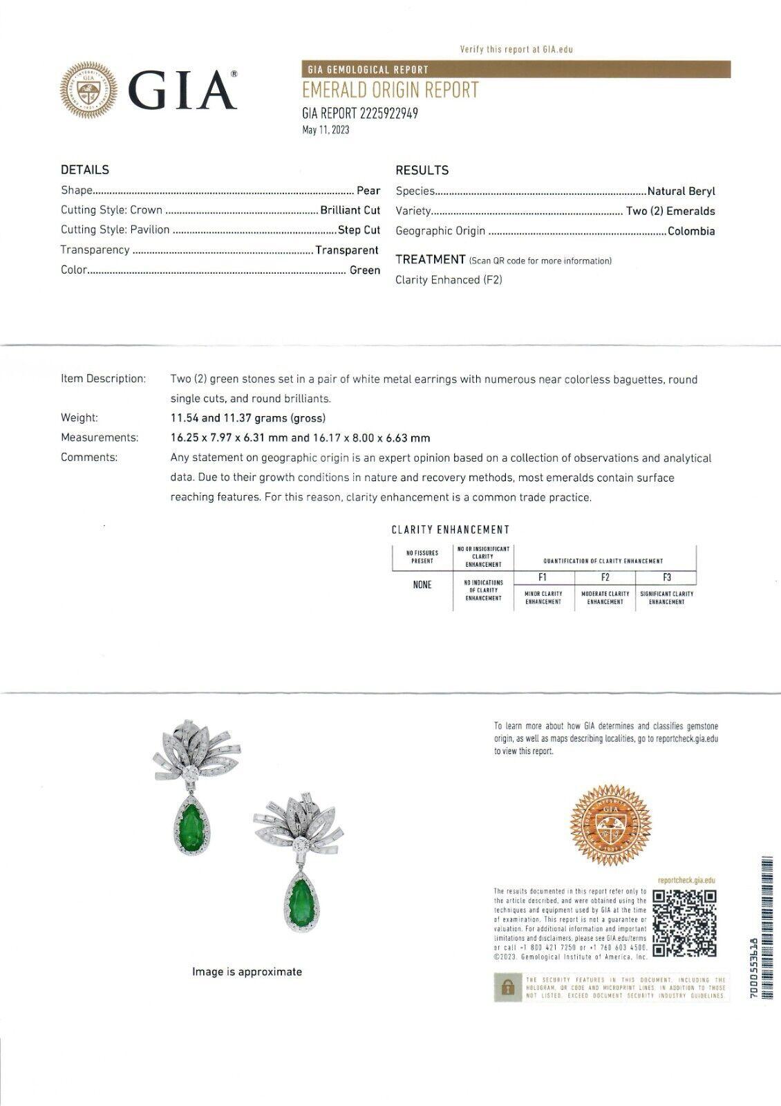 Vintage Platinum GIA Colombian Emerald & Diamond Large Flower Dangle Earrings 2