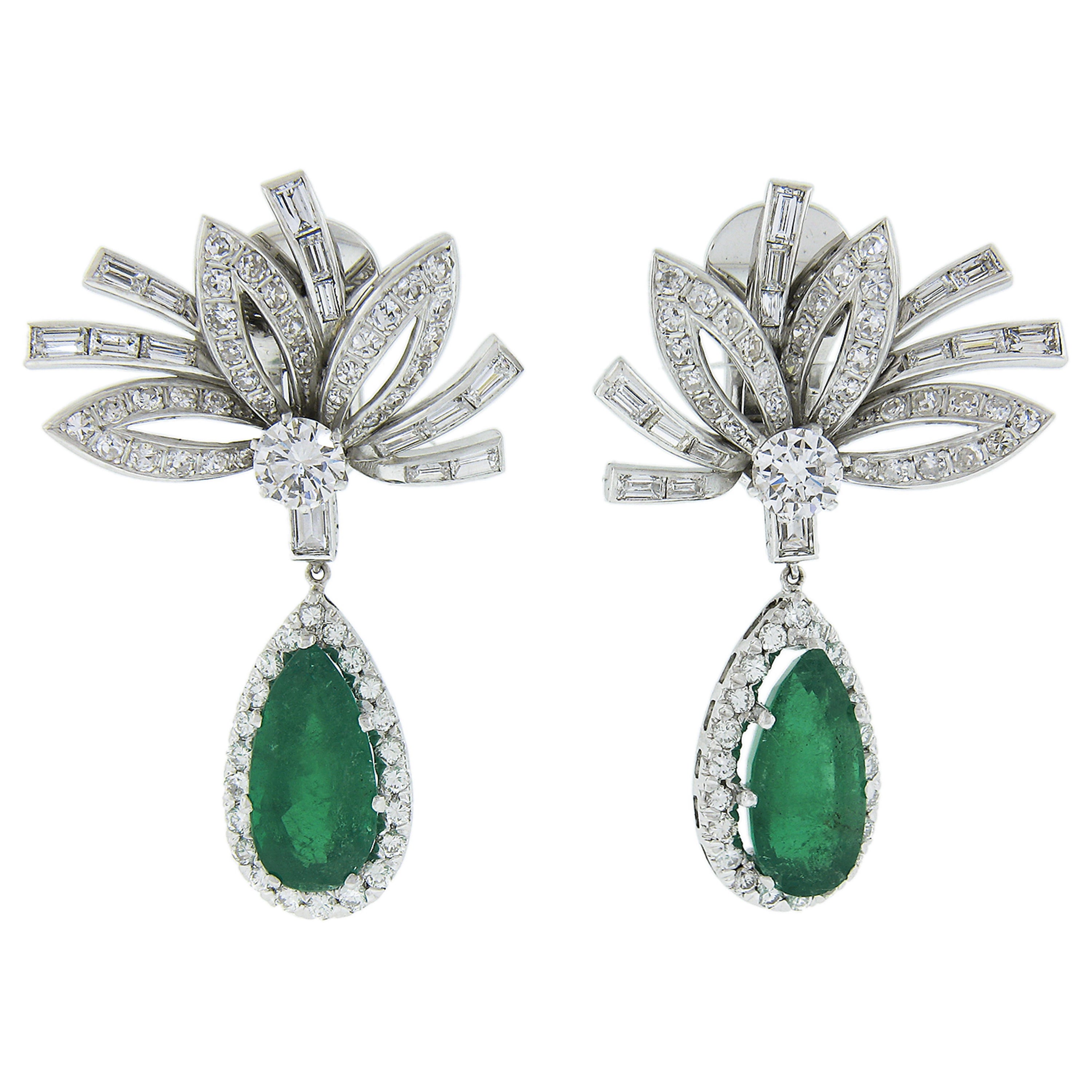 Vintage Platin GIA kolumbianischer Smaragd & Diamant Große Blumen-Ohrringe