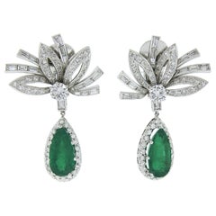 Vintage Platin GIA kolumbianischer Smaragd & Diamant Große Blumen-Ohrringe