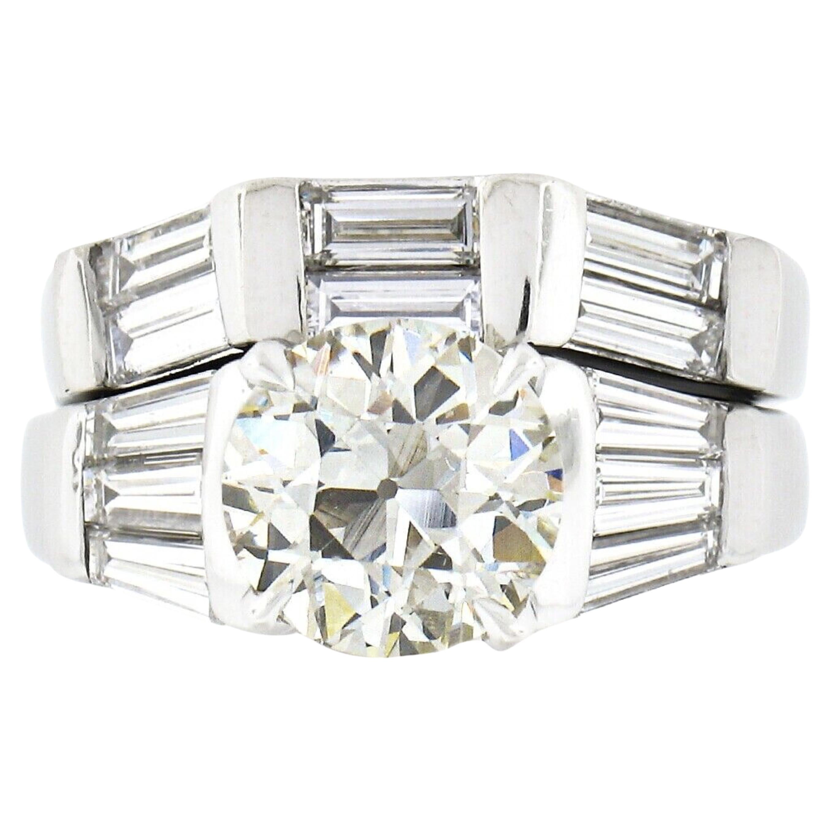 Vintage Platinum GIA European Diamond Solitaire Engagement Ring Wedding Band Set For Sale