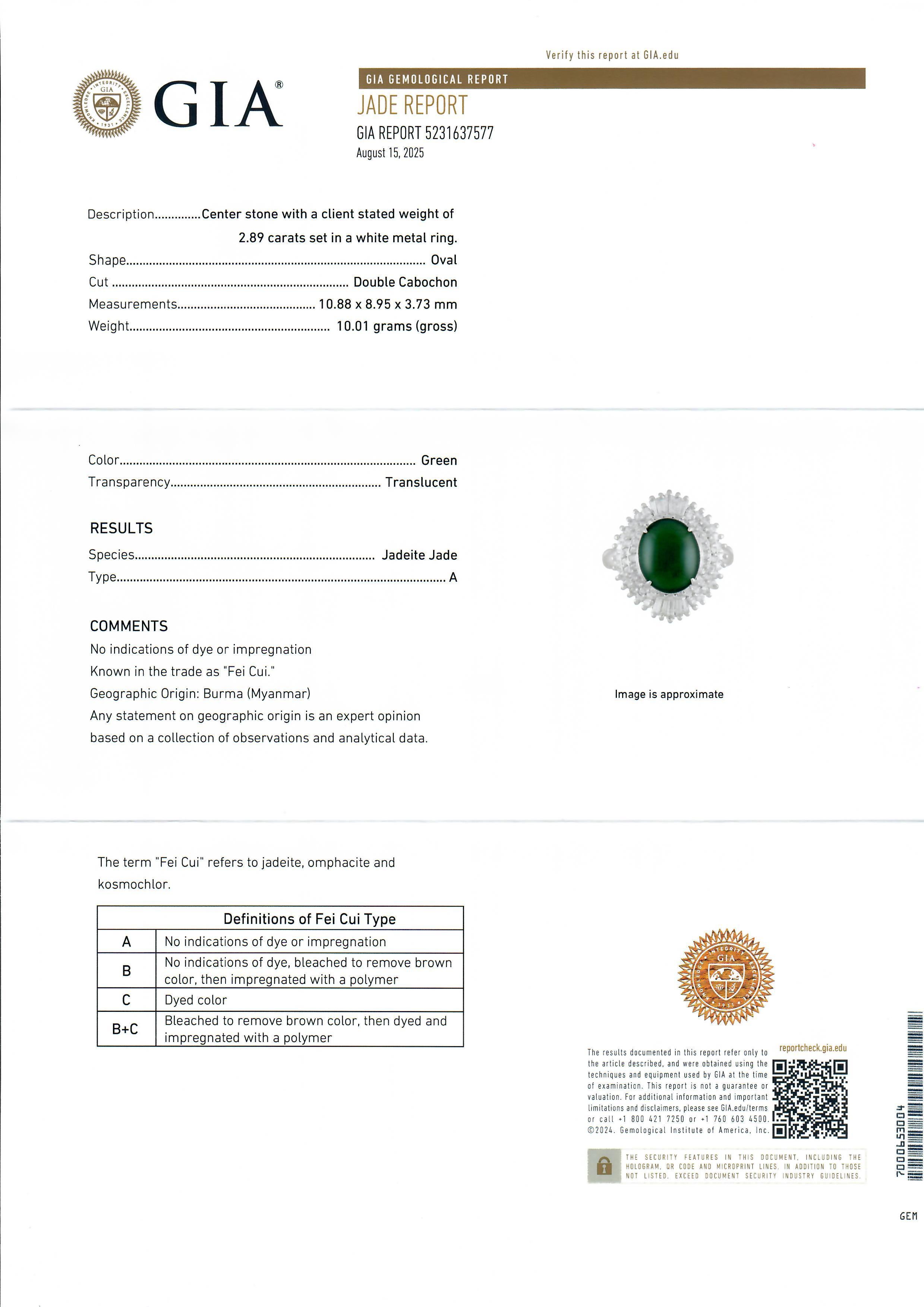 For Sale:  Vintage Platinum GIA High Quality 3.89ctw Burma A Jade Diamond Ballerina Ring 16