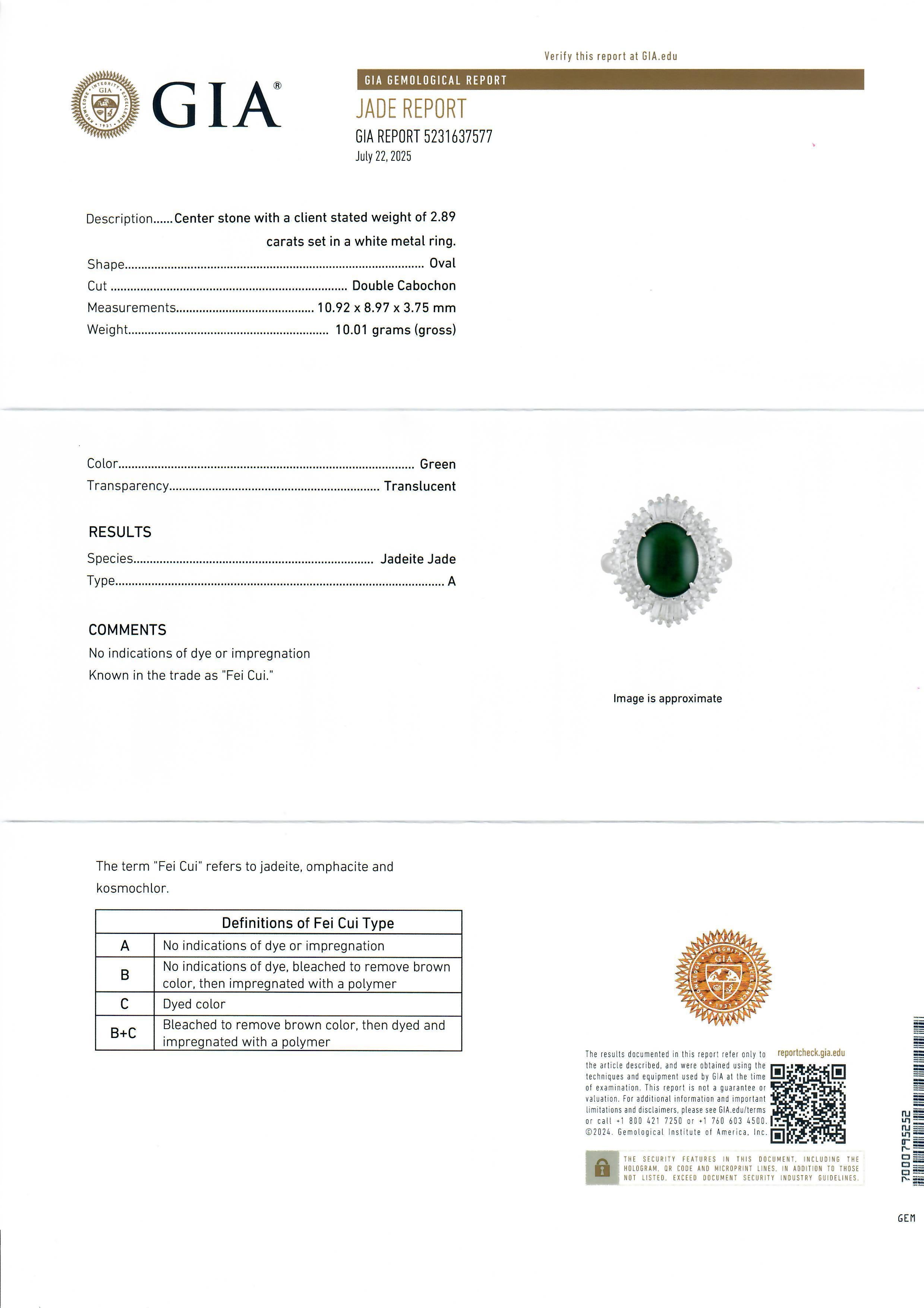 Im Angebot: Vintage Platin GIA Hohe Qualität 3,89ctw Natürliche A Jade Diamant Ballerina Ring () 7