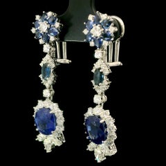 Vintage Platinum GIA High Quality 9.91ctw Sapphire & Diamond Dangle Earrings