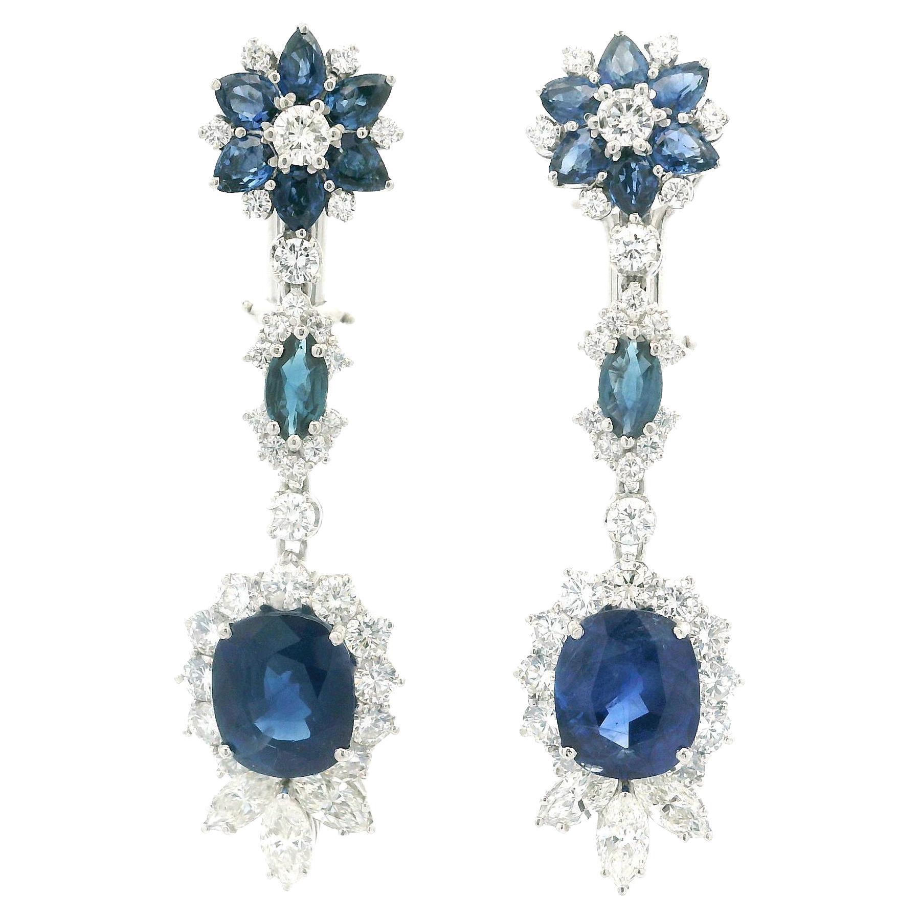 Vintage Platinum GIA High Quality 9.91ctw Sapphire & Diamond Dangle Earrings