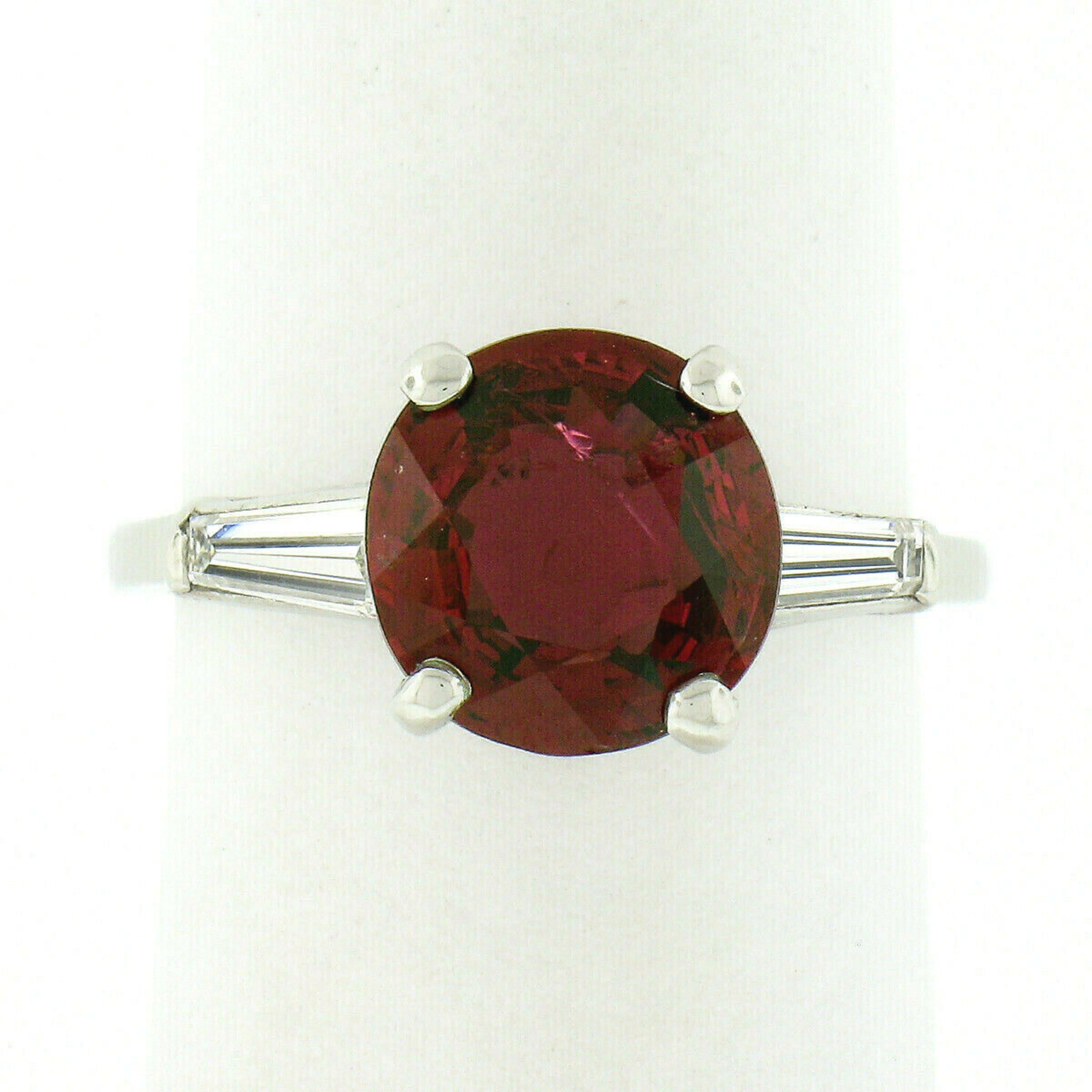 Round Cut Vintage Platinum GIA Near Round Burma No Heat Red Spinel & Baguette Diamond Ring