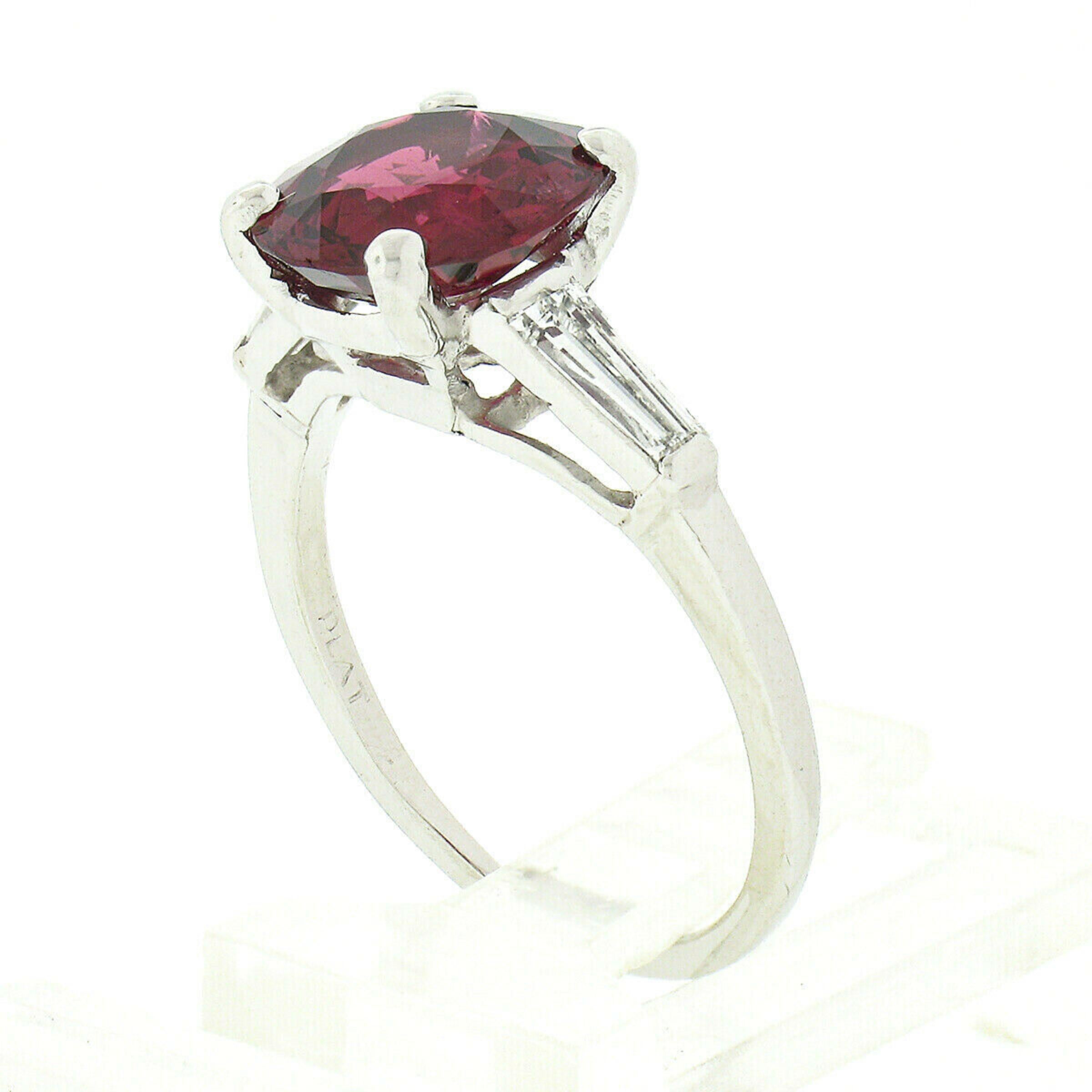 Vintage Platinum GIA Near Round Burma No Heat Red Spinel & Baguette Diamond Ring In Good Condition In Montclair, NJ