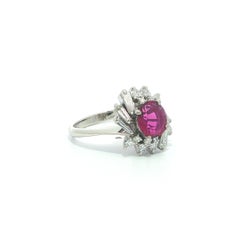 Vintage Platinum GIA No Heat Deep Pink Sapphire w/ Baguette Diamonds Spray Ring