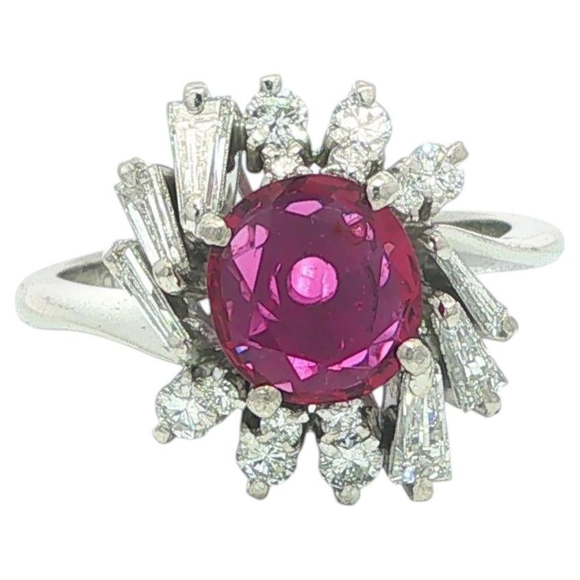 Vintage Platinum GIA No Heat Deep Pink Sapphire w/ Baguette Diamonds Spray Ring For Sale