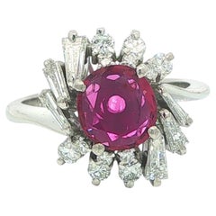 Vintage Platinum GIA No Heat Deep Pink Sapphire w/ Baguette Diamonds Spray Ring