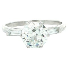 Vintage Platinum GIA Old European & Baguette Diamond 6 Prong Engagement Ring