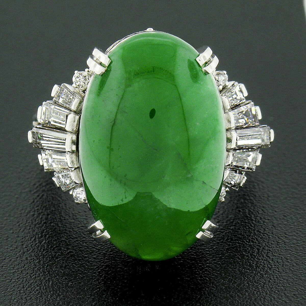 Oval Cut Vintage Platinum GIA Oval Green Jade & .89ct Diamond Open Filigree Cocktail Ring For Sale