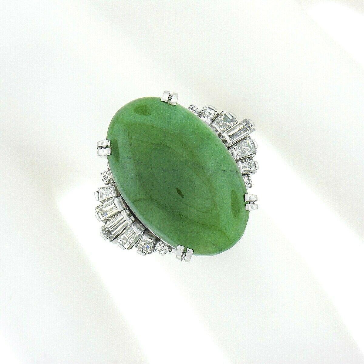 Vintage Platinum GIA Oval Green Jade & .89ct Diamond Open Filigree Cocktail Ring In Excellent Condition For Sale In Montclair, NJ