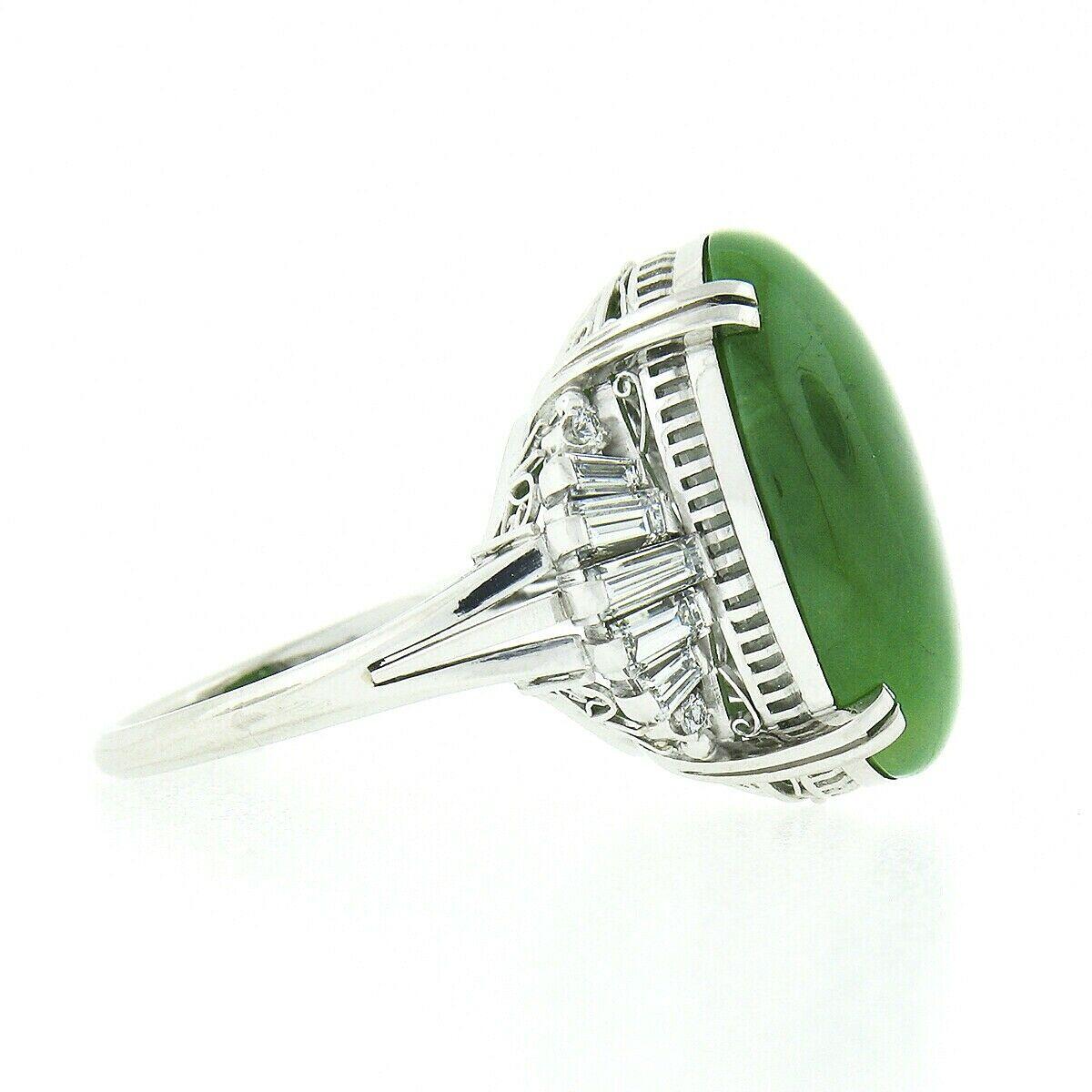 Women's Vintage Platinum GIA Oval Green Jade & .89ct Diamond Open Filigree Cocktail Ring For Sale