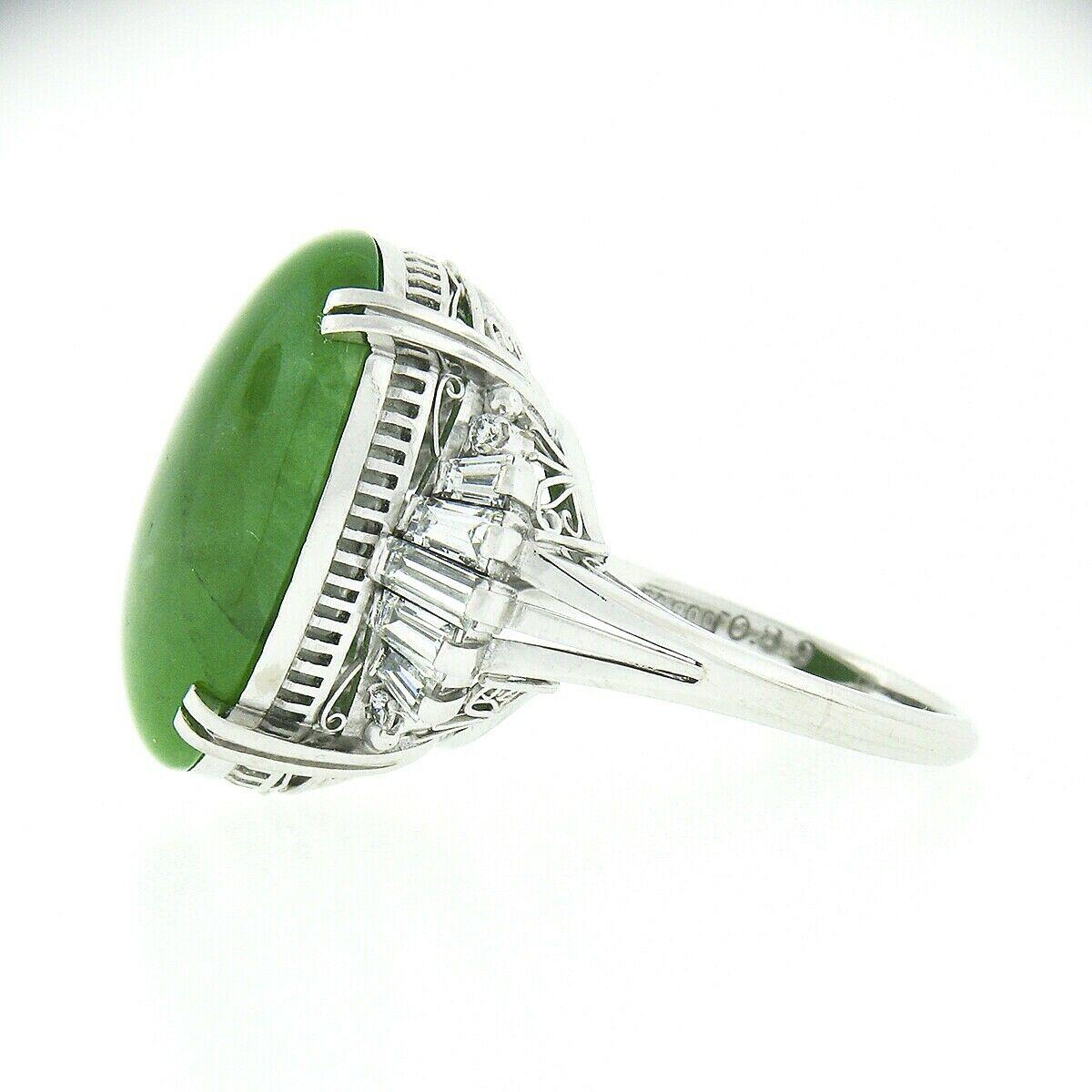 Vintage Platinum GIA Oval Green Jade & .89ct Diamond Open Filigree Cocktail Ring For Sale 1