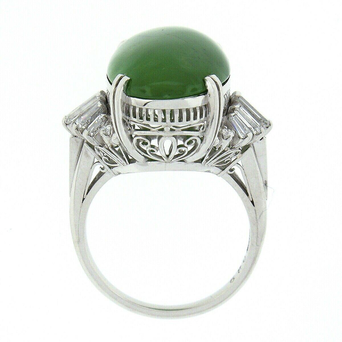 Vintage Platinum GIA Oval Green Jade & .89ct Diamond Open Filigree Cocktail Ring For Sale 3