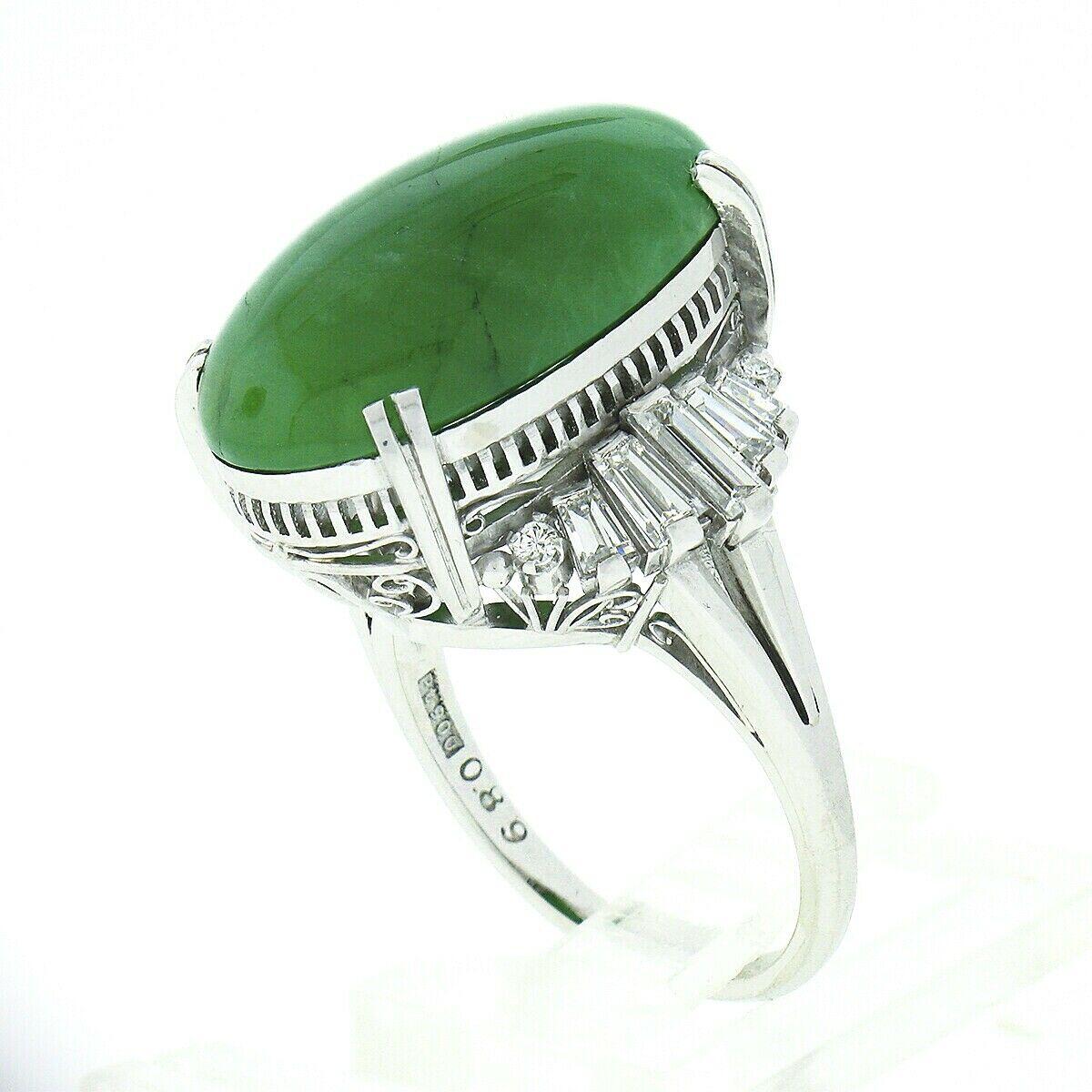 Vintage Platinum GIA Oval Green Jade & .89ct Diamond Open Filigree Cocktail Ring For Sale 4
