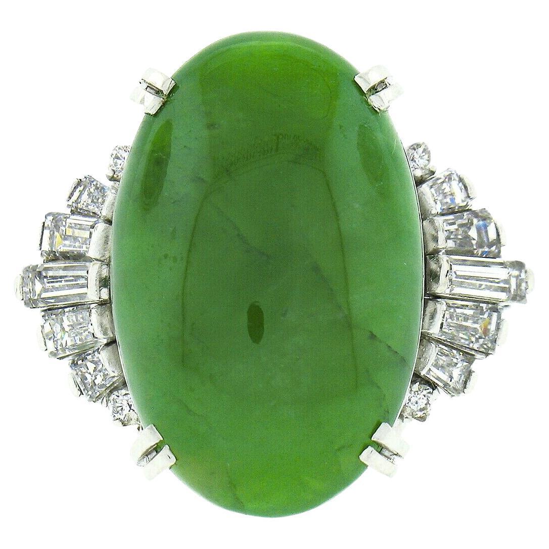 Vintage Platinum GIA Oval Green Jade & .89ct Diamond Open Filigree Cocktail Ring For Sale