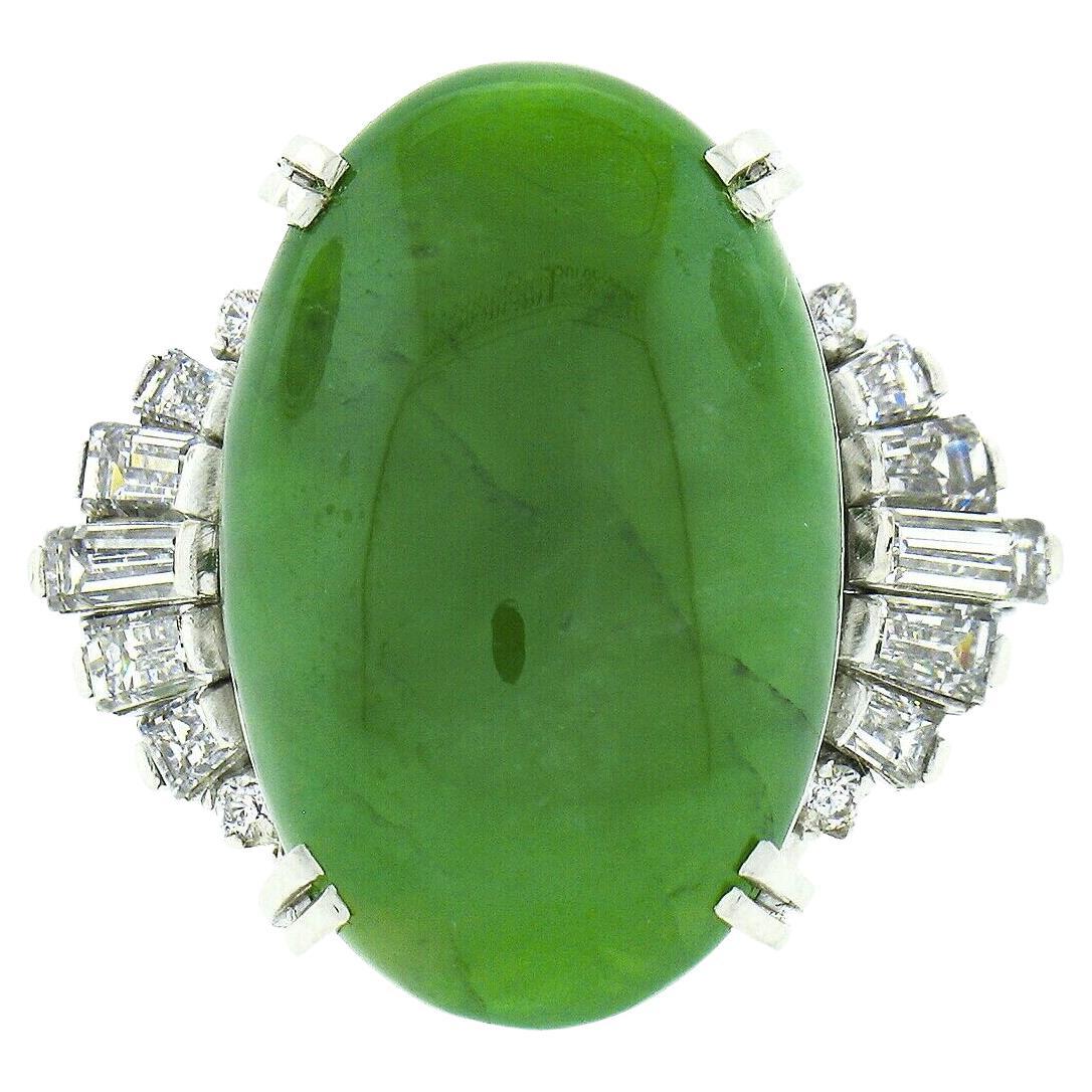 Bague de cocktail vintage en platine, GIA, jade vert ovale et diamant de 0,89 ct en filigrane ouvert