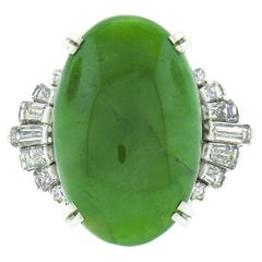 Vintage Platinum GIA Oval Green Jade & .89ct Diamond Open Filigree Cocktail Ring