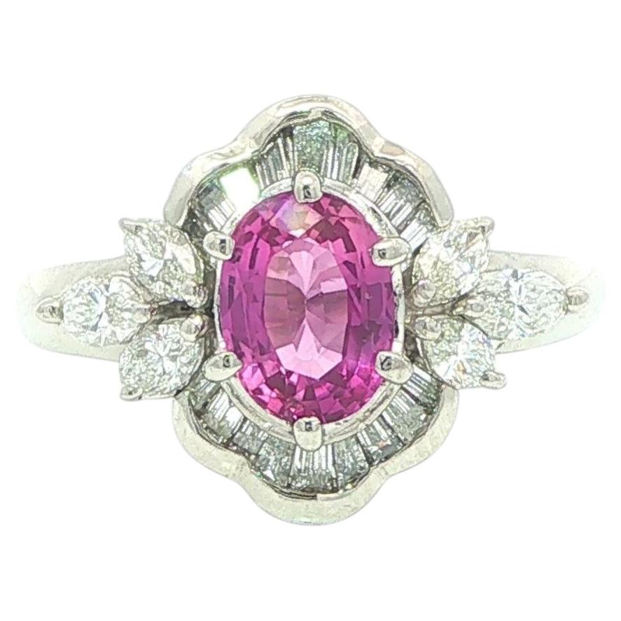 Vintage Platinum GIA Oval Pink Sapphire w/ Marquise & Baguette Diamond Ring