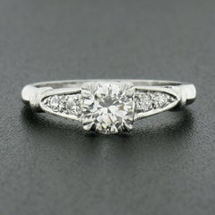 Vintage Platinum GIA Round Brilliant Diamond w/ Accents Milgrain Engagement Ring